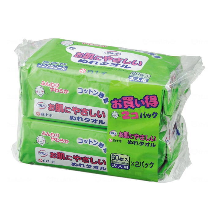 清拭用品 サルバ お肌にやさしいぬれタオル　20×30cm 60枚入り×2個パック 　ノンアルコール 無香料　ふ..