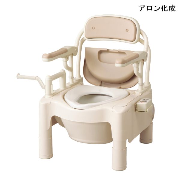 ■　商品サイズ ■　商品特徴 ■　商品詳細情報 ■ 商品名 安寿　ポータブルトイレFX-CPはねあげ　“ちびくまくん”　暖房便座・トランスファータイプ（870-092） ■ 機能一覧 ・便座タイプ：暖房便座 ・トランスファーボード：あり ・キャスター：なし ・暖房機能：あり ・脱臭機能：なし ■ 商品特徴 【最小クラスのはねあげタイプ！】 トイレまでの移動が難しく、自分自身の力で排泄されたい方から介助を必要とされる方まで FX－CPはねあげは、利用者・介護者のご希望に合わせて基本機能と追加機能を組み合わせることができるモジュール型ポータブルトイレです。 ●幅55cmの超コンパクトサイズ 　ひじ掛けはねあげタイプのポータブルトイレの中でも最小クラスの本体幅55cmです。 ●アシストグリップでさらに座位移乗がスムーズ ・アシストグリップで自立で移乗できます。 　低い位置（便座面から11cm）でグリップを握ると、トイレまで体を引き寄せやすいです。 ・アシストグリップを握った場合、ワキが閉まり、力が入りやすく重心移動がスムーズにできます。 ・さらにトランスファーボード（オプション）がベッドとのすき間をなくします。 ●移乗動作に配慮したひじ掛けはねあげ式 　どんな移乗方法でもはねあげ式のひじ掛けが便利です。ひじ掛けがじゃまになりません。 ●ひじ掛け簡易ロック 　ちょっと移動させたい時の簡易ロック機能付きで便利です。 ●ひじ掛けの高さを調節 　便座からの高さは21・24・27cmの3段階に調節できます。 ●開閉しやすい上フタ 　手首を返さず開けられます。 ●上フタ・便座 　上フタ・便座は上に持ち上げるだけで取り外しができます。掃除の際に便利です。 ●汚水受け 　本体に汚水受けを設けているので、バケツからこぼれた小水を床に漏らしません。 ●収納スペース 　本体背面には排泄時や清掃に必要な備品を収納できる便利な収納スペースがあります。 　（※快適脱臭、暖房・快適脱臭タイプにはついていません。） ●便座高無段階調節 　使う方の状況や体格に合わせて、便座高さを33～44cmに無段階調節できます。 　脳卒中による半身麻痺で、麻痺側の脚が曲がりにくくなり、しっかりと足の裏が床についていないと立ち上がり時に足が前にとび出てしましますが、無段階調節であれば、最適な便座高さに設定できます。 ●足引きスペース 　足引きスペースをたっぷり設けているので、立ち上がりやすくなっています。 ＜その他の特長＞ ・いつも清潔に使える、抗菌加工を施した便座を採用しています。 ・音を出さずに静かに閉まるオイルダンバー式です。 ・寒い季節でも安心の暖房便座機能付きです。 ・最大使用者体重：100kg ■ 暖房便座仕様 定格：（電源電圧）AC100V・50/60Hz 消費電力：約53W 表面温度：温度調節範囲約30～40℃ コード長：（本体側）約0.9m、（電源側）約1.6m 安全装置：温度ヒューズ ■ カラー ベージュ ■ バケツ容量 10L ■ サイズ 本体：幅55cm×奥行56cm×高さ76～92cm 便座までの高さ：33～49cm 肘掛け高さ：座面より21・24・27cm（3cmピッチ、3段階調節） トランスファーボード：38cm×37cm ■ 重量 約15.9kg ■ 成分・材質 本体、上蓋、バケツ、ひじ掛け、アシストグリップ、ペーパーホルダー、補高用脚、延長ブロック、補高スペーサー：ポリプロピレン 背もたれ：ポリエチレン ひじ掛けパイプ、背もたれパイプ：スチール（カチオン電着+塗装） 背もたれクッション、ひじ掛けクッション：EVA樹脂 脚ゴム：エラストマー 便座：ポリプロピレン（抗菌加工） スイッチボックス・ホルダー：ABS樹脂 トランスファーボード：ポリエチレン ■ 規格 1台（付属品：防臭消耗品） ■ メーカー 安寿／アロン化成 ■ JANコード・TAISコード JANコード：4970210456927 TAISコード：00221-000314 ■ 製品コード 401248 ■ 商品キーワード 介護用品、福祉用具、排泄関連、トイレ関連、ポータブルトイレ ■ 商品出荷区分 出荷区分A ※掲載している写真は、撮影時の光の具合、お客様の使用しているパソコンの環境により色合いが違って見える場合がございます。 ※離島など一部地域は別途中継料がかかります。 ※長期欠品、メーカー廃盤などの場合には、メールまたは電話にてご連絡を申し上げます。 ※※注意喚起※※ 　上記説明文は楽天市場の『介護応援館』で使用している説明文・説明画像です。 　弊社が運営するネットショップから、商品名・商品画像・ロゴ・説明文面等を流用、または弊社の社名、所在地等会社概要を使用して、販売者と偽って通常価格よりも安い価格で詐欺行為をはたらく悪質なサイトの存在を確認いたしました。 　商品代金振込後も商品が届かない等の被害のほか、お客様のIDやパスワード、クレジットカード情報などの個人情報が不正に取得される可能性が考えられますので、お客様におかれましては、くれぐれも悪質なサイトをご利用なさらぬよう、十分ご注意下さい。 ★ご不明な点がございましたら、遠慮なくお問い合わせください。 （通話無料ダイヤル）0120-001-639 （介護応援館営業時間）月〜土曜日、午前9時〜午後6時　※日曜日は定休日のためお休みです。　