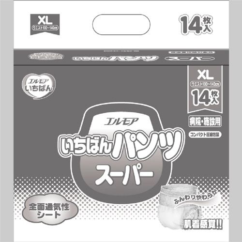 商品説明 【パンツタイプ】長時間でも安心の吸収と消臭加工。消臭効果のあるスリム吸収体。 ●はきおろしができるパンツタイプです。 ●パワフル吸収体で尿をたっぷり吸収し、長時間の装着も安心です。 ●消臭ポリマーのはたらきで、しっかり尿のニオイを閉じ込める。 ●全面通気性シートによりムレないから快適。 ●1人で外出できる方。 ●介助があれば歩ける方。 サイズ/XLサイズ 入数/14枚入×6袋 対象 男女兼用 吸収量 約600cc ウエストサイズ 100〜140cm シリーズ名 エルモア　いちばん 吸収量目安 約4回分 【メーカー・製造または販売元】 カミ商事 ※パッケージリニューアル等により、パッケージがイメージ画像と違う事がございます。ご了承ください。商品説明 【パンツタイプ】長時間でも安心の吸収と消臭加工。消臭効果のあるスリム吸収体。 ●はきおろしができるパンツタイプです。 ●パワフル吸収体で尿をたっぷり吸収し、長時間の装着も安心です。 ●消臭ポリマーのはたらきで、しっかり尿のニオイを閉じ込める。 ●全面通気性シートによりムレないから快適。