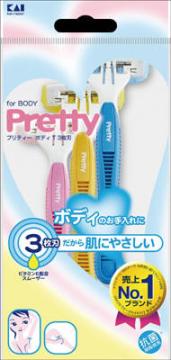 GA0007　Pretty　プリティーボディT3枚刃　3本入（3個）188×88×25mm肌にやさしい3枚刃のボディ用T字カミソリ。JANコード:4901331000195貝印広告文責：アットライフ株式会社TEL 050-3196-1510※商品パッケージは変更の場合あり。メーカー欠品または完売の際、キャンセルをお願いすることがあります。ご了承ください。