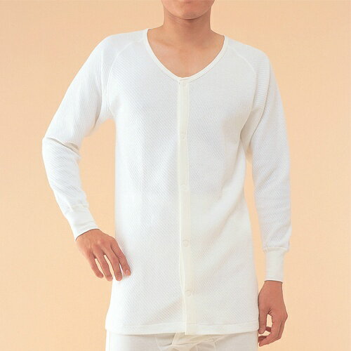 【あわせ買い2999円以上で送料お得】神戸生絲 ワンタッチ肌着 前開き長袖(紳士) マジック式 綿キルト 無蛍光生地 秋冬用 オフホワイト LLサイズ 1枚入