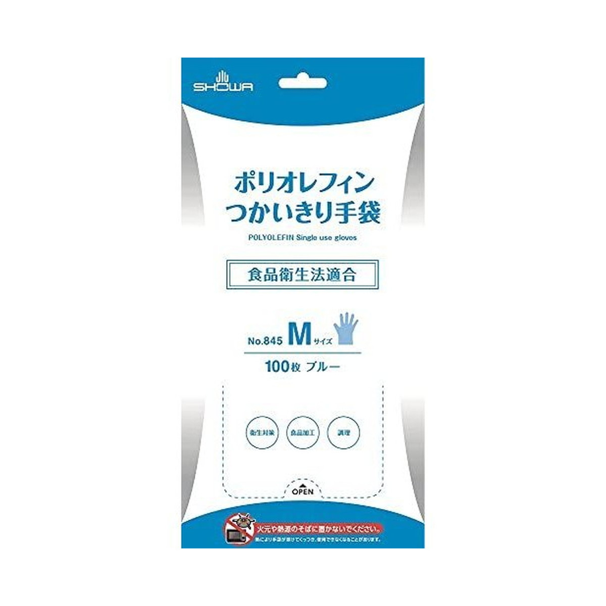 商品名：ショーワグローブ ポリオレフィン つかいきり手袋 M ブルー NO.845-M 100枚入内容量：100枚入JANコード：4901792039413発売元、製造元、輸入元又は販売元：ショーワグローブ原産国：中華人民共和国商品番号：101-72055商品説明従来のポリエチレン製手袋に比べ伸びが良く、しなやかに手にフィットします。取り出しやすいボックスタイプのポリエチレン製使いきり手袋100枚入です。食品加工など食品に直接触れる作業でもお使いいただけます。手袋内面の特殊加工により、ベタつきにくく、着脱がスムーズです。左右兼用タイプです。パウダーフリータイプです。広告文責：アットライフ株式会社TEL 050-3196-1510 ※商品パッケージは変更の場合あり。メーカー欠品または完売の際、キャンセルをお願いすることがあります。ご了承ください。