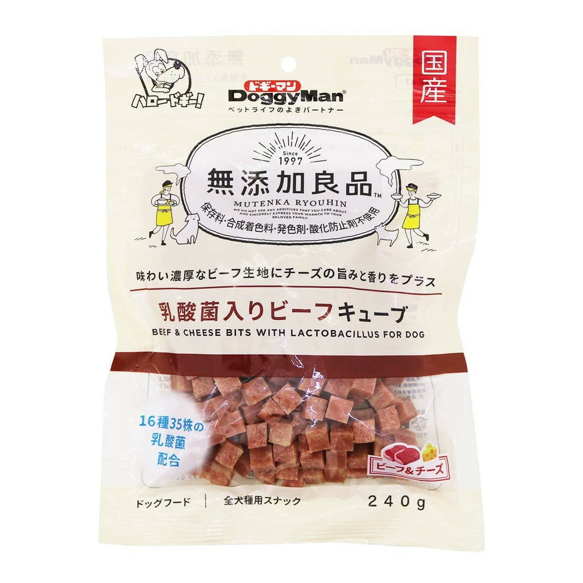 商品名：ドギーマン 無添加良品 乳酸菌入りビーフキューブ 240g 犬用おやつ内容量：240gJANコード：4976555824773発売元、製造元、輸入元又は販売元：ドギーマン原産国：日本商品番号：101-4976555824773商品説明・保存料、合成着色料、発色剤、酸化防止剤を使わずに作りました。・お肉のおいしさがギュッと詰まった牛肉ベースの生地に、芳醇な味わいのチーズの旨みをプラスしました。・腸内フローラのバランスを整える16種35株の乳酸菌配合。広告文責：アットライフ株式会社TEL 050-3196-1510 ※商品パッケージは変更の場合あり。メーカー欠品または完売の際、キャンセルをお願いすることがあります。ご了承ください。