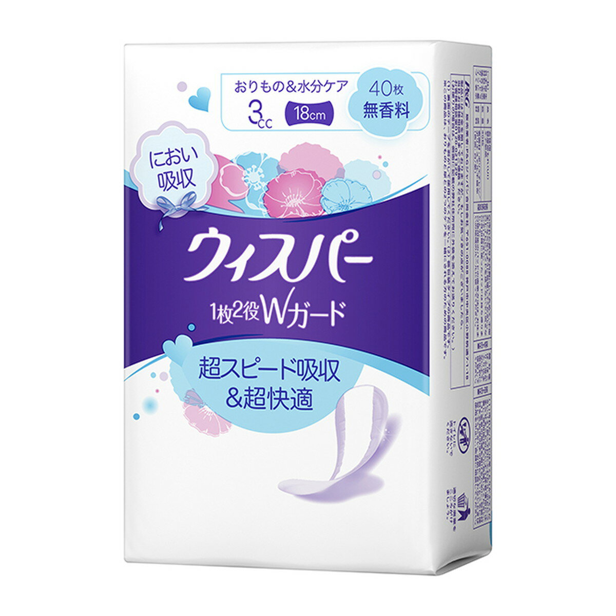 商品名：P&G ウィスパー 1枚2役Wガード 3cc 無香料 40枚入内容量：40枚JANコード：4987176126849発売元、製造元、輸入元又は販売元：P＆Gジャパン合同会社原産国：日本商品番号：101-4987176126849商品説明新たに超安心ゾーンを追加した新ウィスパーうすさら安心なら、さっと吸収して横もれを防ぐから、超安心。もちろん中和消臭で気になる匂いも安心！ウィスパー独自の薄いパッドで、まるで何もつけていないような着け心地。広告文責：アットライフ株式会社TEL 050-3196-1510 ※商品パッケージは変更の場合あり。メーカー欠品または完売の際、キャンセルをお願いすることがあります。ご了承ください。