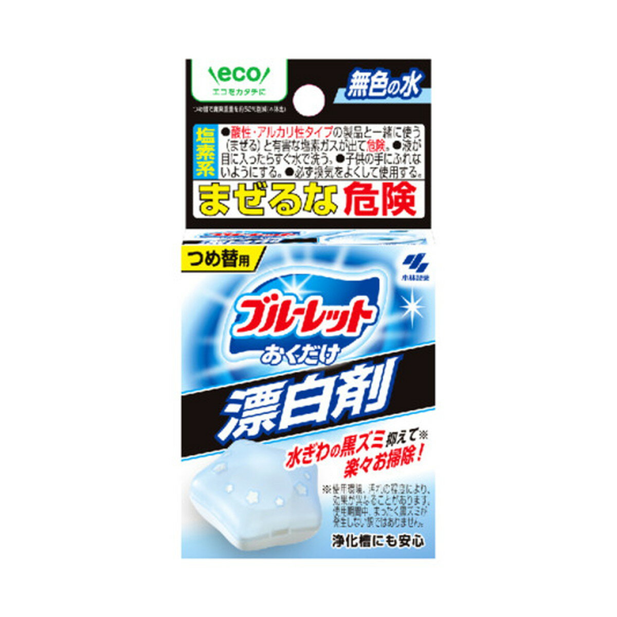 商品名：小林製薬 ブルーレット おくだけ 漂白剤 詰替え用 30g トイレ用洗剤内容量：30gJANコード：4987072087848発売元、製造元、輸入元又は販売元：小林製薬株式会社原産国：日本商品番号：101-4987072087848商品説明●水ぎわの黒ズミ抑えて※楽々お掃除。※使用環境、汚れの程度により、効果が異なることがあります。使用期間中、まったく黒ズミが発生しない訳ではありません●漂白パワーで黒ズミの発生を防いで、便器のきれいを保ちます。※水の流れない部分の黒ズミの発生は防げません●流れる水の色は無色なので尿や便の状態がよくわかります●漂白剤のニオイが気にならない微香性●お得な詰替え用広告文責：アットライフ株式会社TEL 050-3196-1510 ※商品パッケージは変更の場合あり。メーカー欠品または完売の際、キャンセルをお願いすることがあります。ご了承ください。