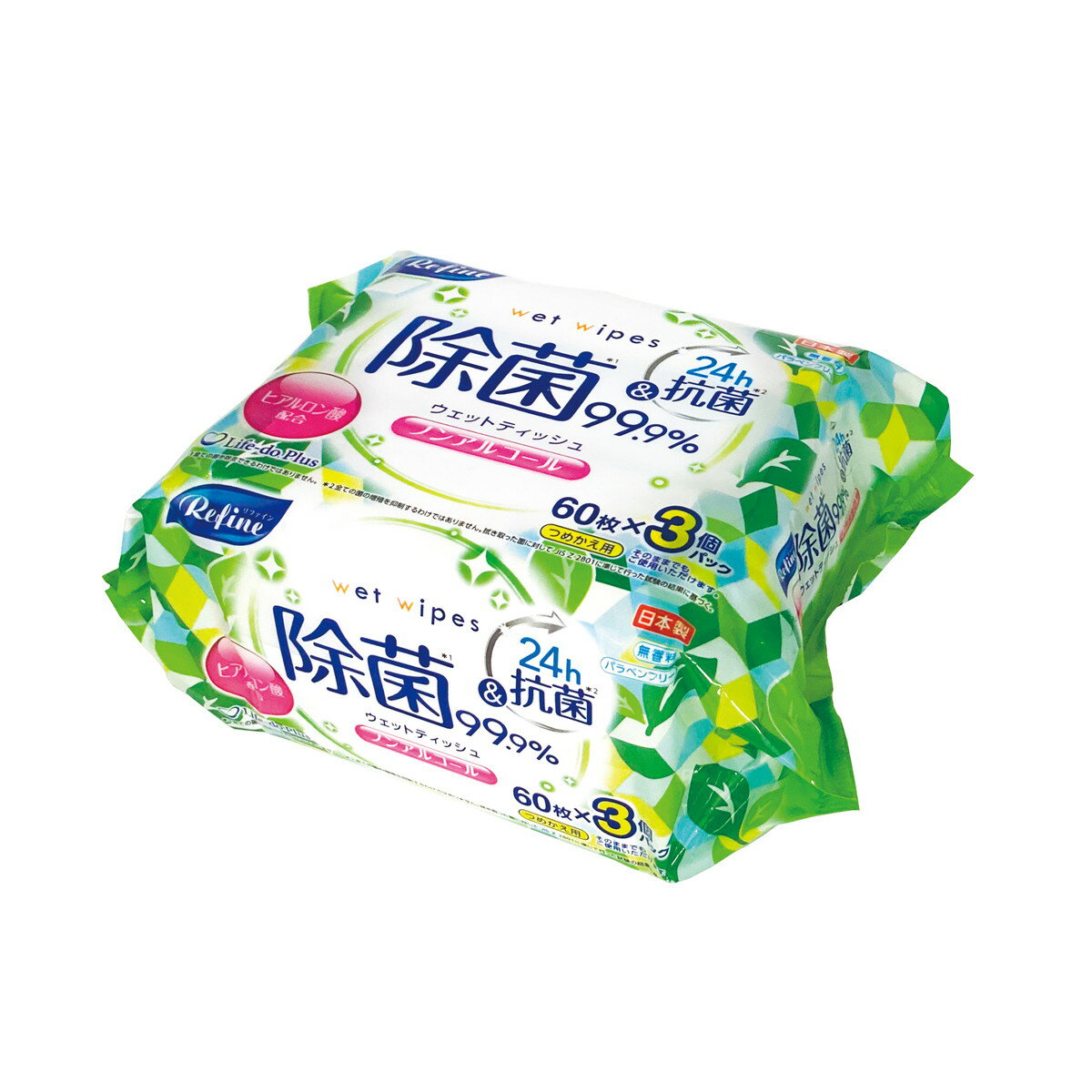 【送料お得・まとめ買い×11個セット】ライフ堂 リファイン ノンアルコール 除菌ウェットティッシュ つめかえ用 60枚×3個パック