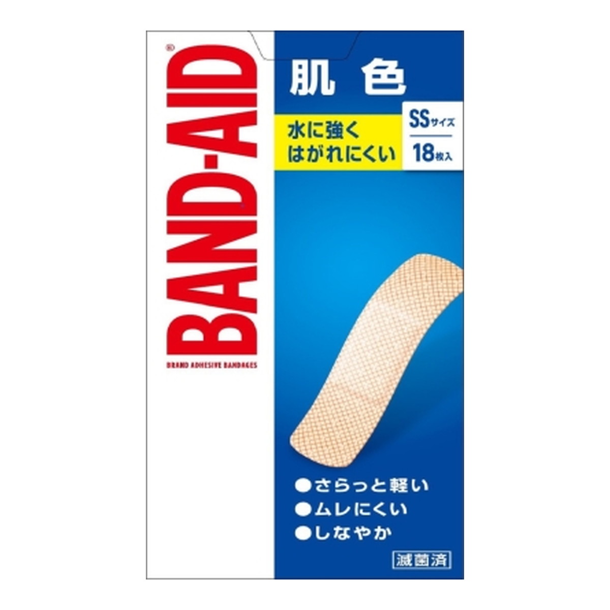 商品名：BAND-AID バンドエイド 肌色 SSサイズ 18枚入内容量：18枚JANコード：4901730230100発売元、製造元、輸入元又は販売元：KENVUE(旧ジョンソン・エンド・ジョンソン コンシューマーヘルス)原産国：中華人民共和国区分：医療機器商品番号：101-4901730230100商品説明貼り心地が良く、端からはがれにくい「オーバル形」を採用。ユニークなカタチがパッド部分（創傷部分）にかかるストレスを軽減します。また、テープの端が丸くなったことではがれにくくなりました。すべてのバンドエイドは滅菌済です。広告文責：アットライフ株式会社TEL 050-3196-1510 ※商品パッケージは変更の場合あり。メーカー欠品または完売の際、キャンセルをお願いすることがあります。ご了承ください。