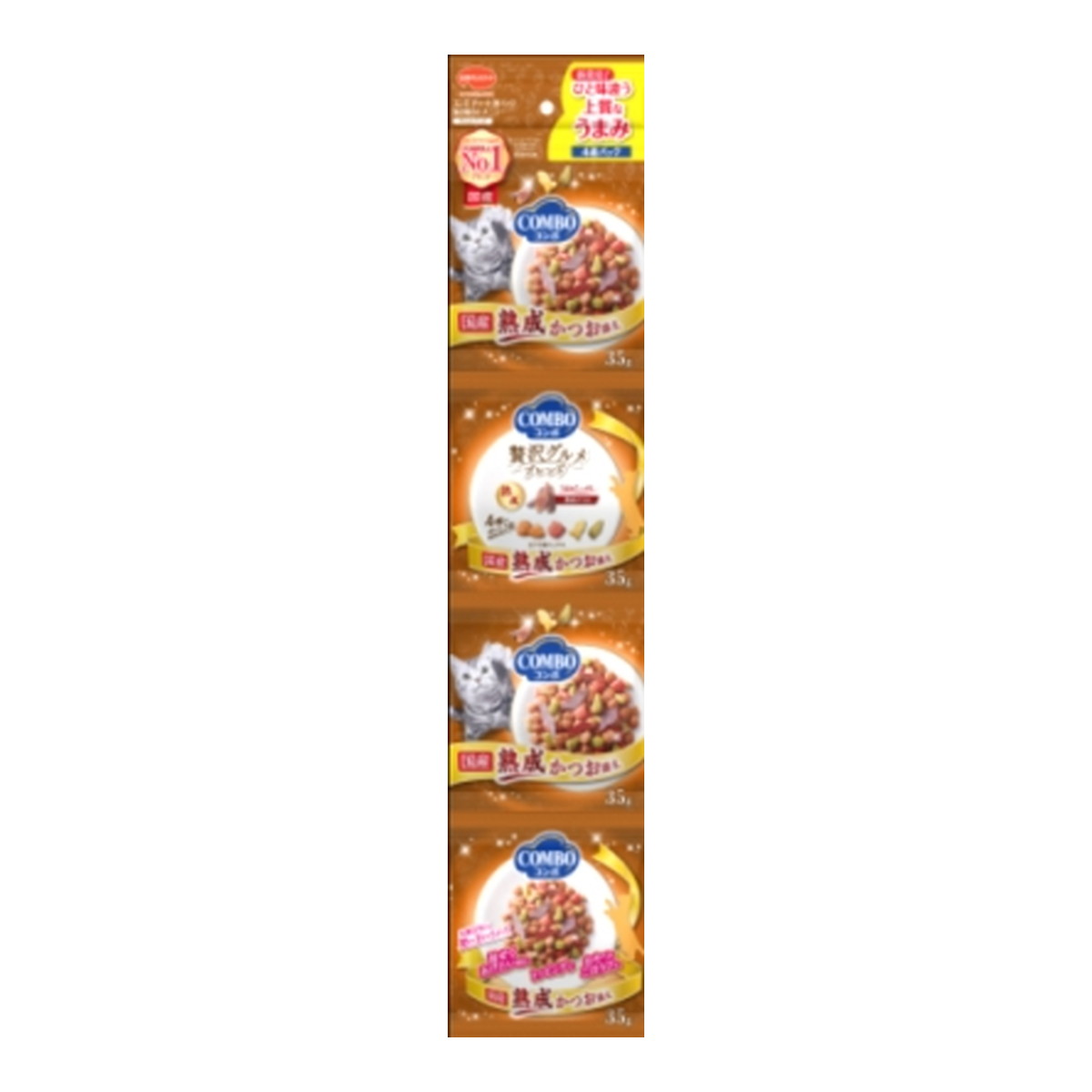 商品名：日本ペットフード コンボ キャット 連パック 海の味わいメニュー 熟成かつお添え 35g×4袋内容量：35g×4袋JANコード：4902112046852発売元、製造元、輸入元又は販売元：日本ペットフード商品番号：101-4902112046852商品説明まぐろのおいしさたっぷりの4種粒に酵素のチカラでうまみを限界まで引き出した熟成かつおを添えました。下部尿路の健康維持に配慮した、低マグネシウム設計。（マグネシウム含有量0.12％：標準値）おなかの健康維持に配慮して腸内の善玉菌を増やすオリゴ糖を配合。健やかな毎日のためにクランベリー、3種類のハーブ配合。広告文責：アットライフ株式会社TEL 050-3196-1510 ※商品パッケージは変更の場合あり。メーカー欠品または完売の際、キャンセルをお願いすることがあります。ご了承ください。