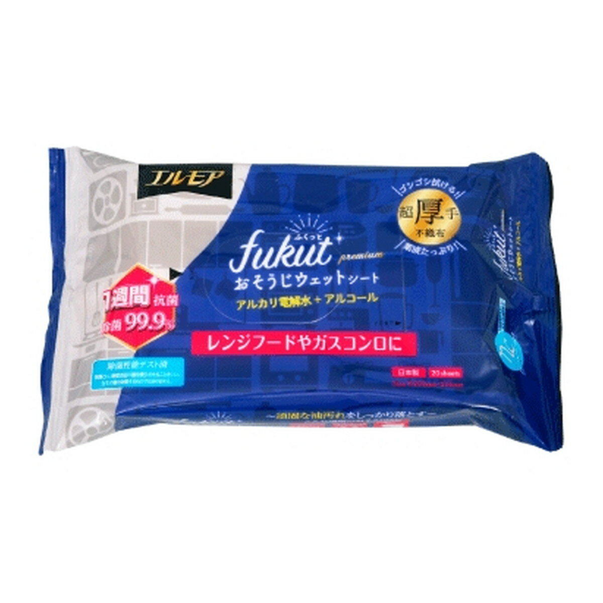 【あわせ買い2999円以上で送料お得】カミ商事 エルモア fukutプレミアム ふくっと アルカリ電解水+アルコール 20枚入 超厚手 ウェットシート