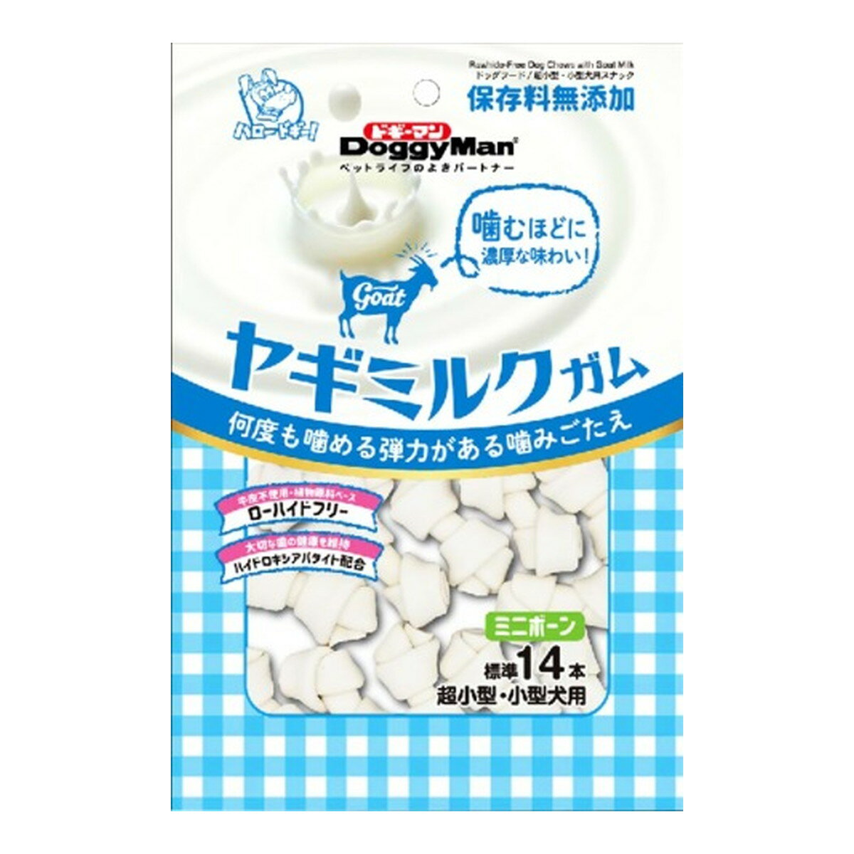 商品名：ドギーマン ヤギミルクガム ミニボーン 140g ドッグフード 超小型・小型犬用スナック内容量：140gJANコード：4976555822724発売元、製造元、輸入元又は販売元：ドギーマン商品番号：101-4976555822724商品説明●保存料無添加、牛皮不使用でおなかにやさしい（ローハイドフリー）のヤギミルクガムです。●牛皮に比べて消化しやすい植物原料ベースの生地を使用しています。●時間をかけて何度も噛める適度な粘りがある硬さと、歯垢を落としやすい、歯がかりのよい形にこだわりました。●噛み切りやすいから、途中で残さず食べきりやすいガムです。●チキンの旨みとヤギミルクの濃厚な味わいです。●ビタミン・ミネラルをバランスよく配合しました。広告文責：アットライフ株式会社TEL 050-3196-1510 ※商品パッケージは変更の場合あり。メーカー欠品または完売の際、キャンセルをお願いすることがあります。ご了承ください。