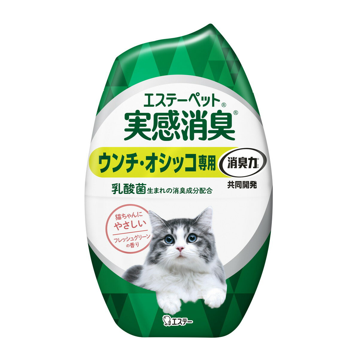 商品名：エステー エステーペット 実感消臭 置き型 猫用 フレッシュグリーンの香り 400ml 消臭剤内容量：400mlJANコード：4901070910205発売元、製造元、輸入元又は販売元：エステー原産国：日本商品番号：101-4901070910205商品説明●乳酸菌生まれの消臭成分を配合。置いておくだけで空間に漂うニオイを徹底消臭し続けます。●猫ちゃんにやさしい香りの想いやり処方です。●機能性ナノパウダー※が悪臭をすばやく強力に吸着し、空間を消臭します。※ナノレベルの孔（あな）を持つ、悪臭を吸着する消臭剤●天然の本格消臭成分、北海道産モミの木（トドマツ）の樹木水配合です。広告文責：アットライフ株式会社TEL 050-3196-1510 ※商品パッケージは変更の場合あり。メーカー欠品または完売の際、キャンセルをお願いすることがあります。ご了承ください。