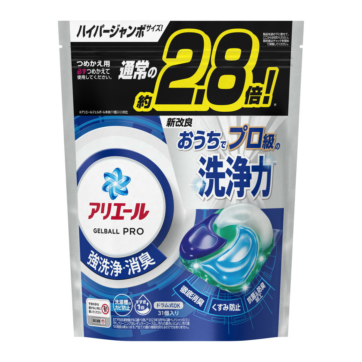 商品名：P&G アリエール ジェルボール プロ つめかえ ハイパージャンボサイズ 31個入り 強洗浄・消臭 洗濯用洗剤内容量：31個入りJANコード：4987176234834発売元、製造元、輸入元又は販売元：P&Gジャパン合同会社原産国：日本商品番号：101-*009-4987176234834商品説明お洗濯は洗濯機のボタンを押すだけの家事ではなく、前後のプロセスも含めて非常に負担が大きい。まとめ洗いが増えている中で、消費者は特に「予洗い・つけ置き」の手間に悩まされている。新アリエールジェルボールプロは新・特許成分「プロパワー酵素」を配合することで、圧倒的な洗浄力を実現！汚れが落とすだけでなく、衣服の微繊維を整えることで、汚れがつきにくくなる！広告文責：アットライフ株式会社TEL 050-3196-1510 ※商品パッケージは変更の場合あり。メーカー欠品または完売の際、キャンセルをお願いすることがあります。ご了承ください。