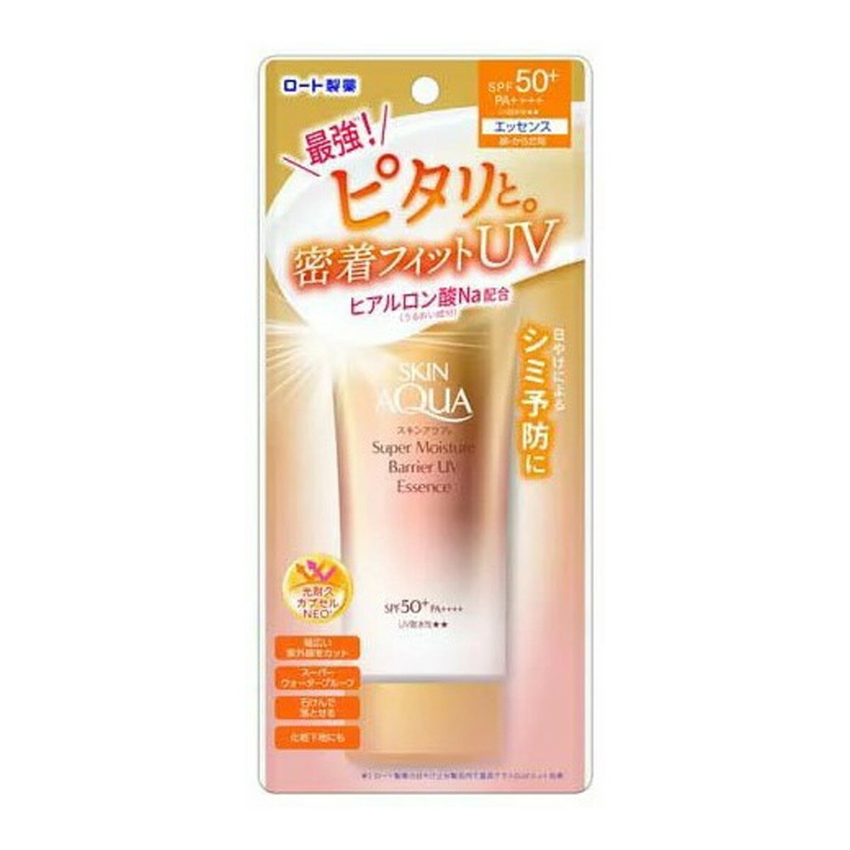 商品名：ロート製薬 スキンアクア スーパーモイスチャーバリア UV エッセンス 70g SPF50+PA++++UV耐水性☆☆内容量：70gJANコード：4987241193660発売元、製造元、輸入元又は販売元：ロート製薬原産国：日本区分：化粧品商品番号：101-*007-4987241193660商品説明汗肌でも密着フィットUV！つけた瞬間、肌にぴたっと密着します。日やけによるシミ予防にも！※1伸びの良いジェルタイプの日やけ止め。「バリアフィット処方」採用！気持ちよいうるおいUV膜が肌表面に密着し、強力紫外線から守ります。3種の美容液成分（うるおい成分：ヒアルロン酸Na、異性化糖、ヒオウギエキス）配合。SPF50＋／PA＋＋＋＋。UV耐水性★★　※1：日やけによるシミ・そばかすを防ぐ広告文責：アットライフ株式会社TEL 050-3196-1510 ※商品パッケージは変更の場合あり。メーカー欠品または完売の際、キャンセルをお願いすることがあります。ご了承ください。