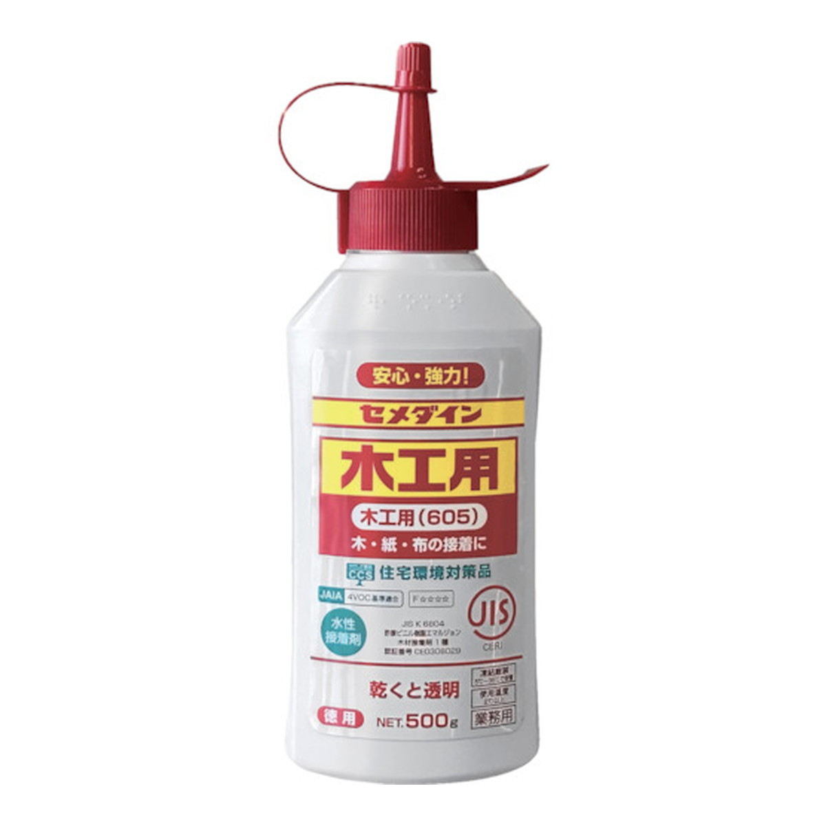 商品名：セメダイン 木工用605 乾くと透明 500g内容量：500gJANコード：4901761102575発売元、製造元、輸入元又は販売元：セメダイン原産国：日本商品番号：101-*011-4901761102575商品説明使いやすく、安全性の高い水系タイプです。固まると透明になります。刃物を傷めず切削加工できます。広告文責：アットライフ株式会社TEL 050-3196-1510 ※商品パッケージは変更の場合あり。メーカー欠品または完売の際、キャンセルをお願いすることがあります。ご了承ください。
