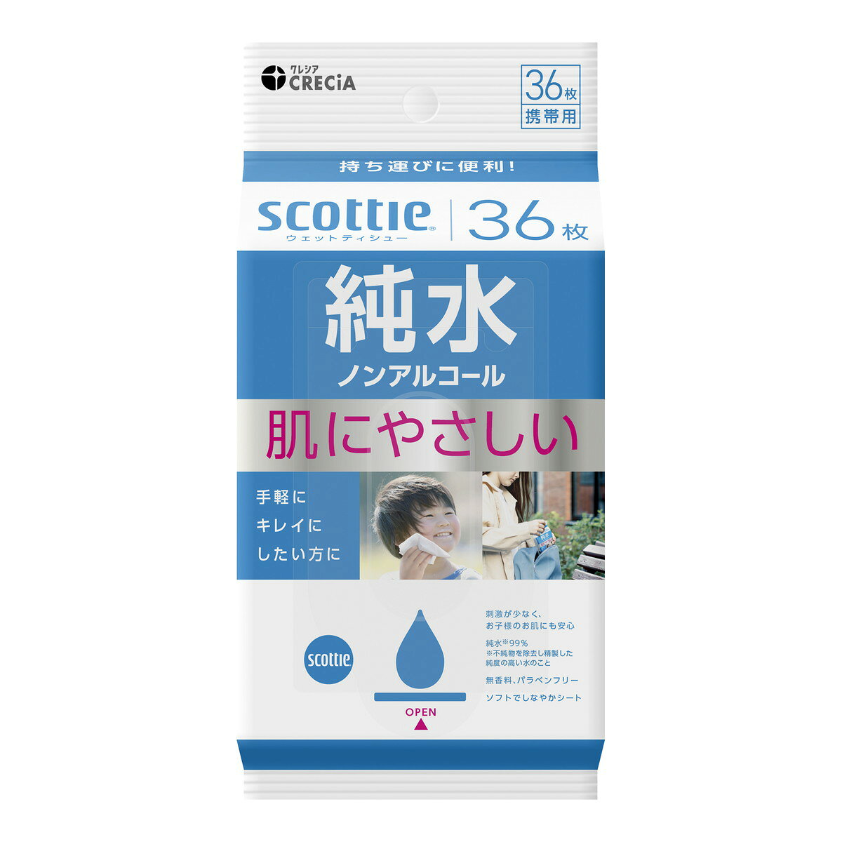 商品名：日本製紙クレシア スコッティ ウェットティシュー 携帯用 純水ノンアルコール 36枚入内容量：36枚入JANコード：4901750776671発売元、製造元、輸入元又は販売元：日本製紙クレシア原産国：日本商品番号：101-*024-4901750776671商品説明●持ち運びに便利な携帯用の純水ノンアルコールのウェットティシュー●手軽にキレイにしたい方に●取り出しらくらくストッパー付き●手・口まわりや、食卓の拭き取りにも使えます●無香料、パラベンフリー●ふんわり肌あたりの良いシート※不純物を除去し精製した純度の高い水のこと広告文責：アットライフ株式会社TEL 050-3196-1510 ※商品パッケージは変更の場合あり。メーカー欠品または完売の際、キャンセルをお願いすることがあります。ご了承ください。