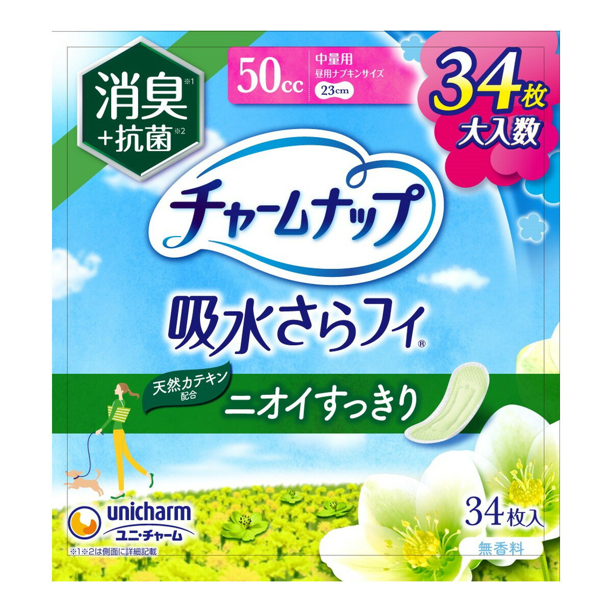 【送料お得・まとめ買い×7個セット】ユニ・チャーム チャームナップ 吸水さらフィ ニオイすっきり 中量用 23cm 50cc 消臭タイプ 34枚