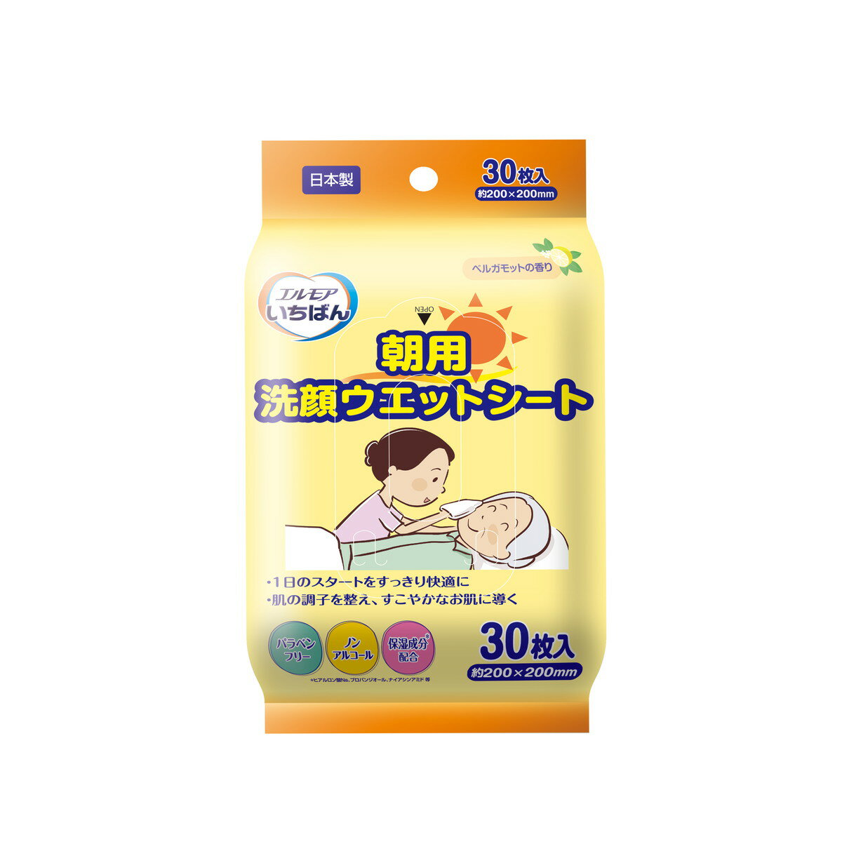 商品名：エルモアいちばん 朝用 洗顔ウエットシート 30枚入 カミ商事内容量：30枚入JANコード：4971633173095発売元、製造元、輸入元又は販売元：カミ商事原産国：日本商品番号：101-*009-4971633173095商品説明水が使えない環境での朝の洗顔代わりに。ヒアルロン酸Na、プロパンジオール、ナイアシンアミドなど複数の保湿成分配合。ベルガモッド果実油（天然精油）によるリラックスできる香り。使用方法フィルムから1枚ずつ取り出してご使用ください広告文責：アットライフ株式会社TEL 050-3196-1510 ※商品パッケージは変更の場合あり。メーカー欠品または完売の際、キャンセルをお願いすることがあります。ご了承ください。