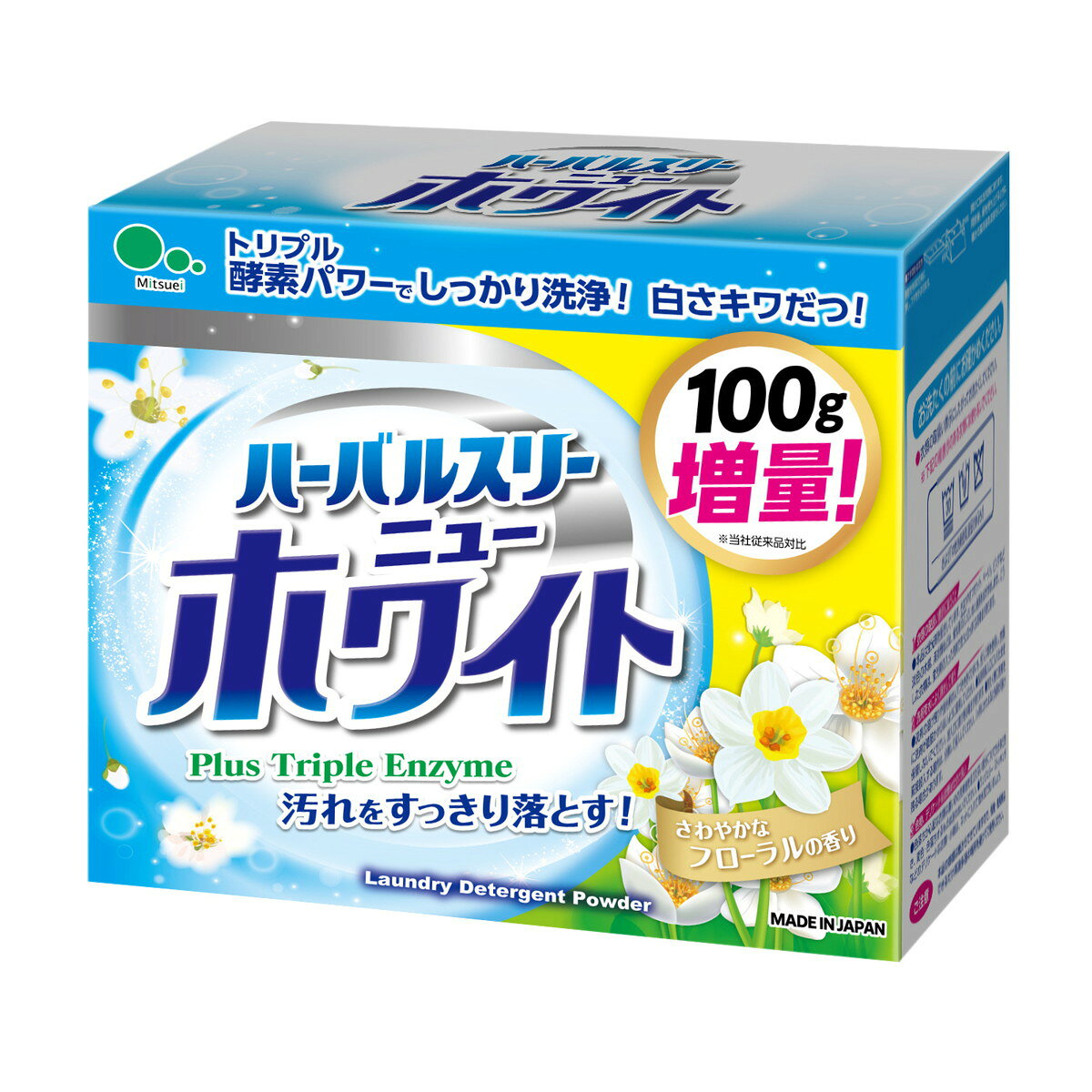 商品名：ミツエイ ハーバルスリー ニューホワイト 900g 洗濯用粉末洗剤内容量：900gJANコード：4978951061233発売元、製造元、輸入元又は販売元：ミツエイ原産国：日本商品番号：101-*010-4978951061233商品説明・強力酵素パワーで白さキワだつ！・ミクロの汚れまでスッキリ落とす。・さわやかなフローラルの香り。使用方法水量に応じた洗剤使用量を、お手持ちのスプーンできちんと計ってご使用ください。使用量が少なければそれだけ効果が上がらず、多く入れても、その分だけムダとなります。広告文責：アットライフ株式会社TEL 050-3196-1510 ※商品パッケージは変更の場合あり。メーカー欠品または完売の際、キャンセルをお願いすることがあります。ご了承ください。