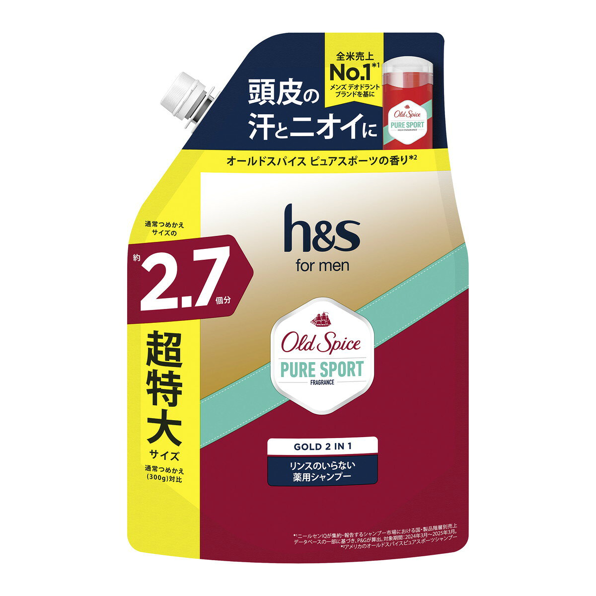 【送料お得・まとめ買い×6個セット】h&s for men ゴールド2IN1 シャンプー オールドスパイス ピュアスポーツの香り つめかえ用 超特大 2.7倍 800g P&G