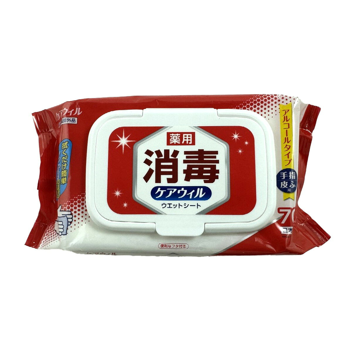 商品名：ディプロ ケアウィル 薬用 消毒ウエットシート フタ付き 70枚入 指定医薬部外品内容量：70枚JANコード：4582297993136発売元、製造元、輸入元又は販売元：ディプロ原産国：日本区分：指定医薬部外品商品番号：101-*024-4582297993136商品説明アルコールタイプ殺菌成分配合で手についたバイ菌をしっかり消毒します。アルコールは植物由来のエタノールを使用しています。用 途手指の消毒・洗浄に手のバイ菌が気になる時にかぶれたり、刺激を感じたりしたときは使用を中止し、医師または薬剤師に相談してください。火気に近づけないでください。アルコールまたは他の薬剤を注入して使用しないでください。乳幼児への使用は避け、手の届かない所に保管してください。日の当たる場所や高温の所に保管しないでください。広告文責：アットライフ株式会社TEL 050-3196-1510 ※商品パッケージは変更の場合あり。メーカー欠品または完売の際、キャンセルをお願いすることがあります。ご了承ください。