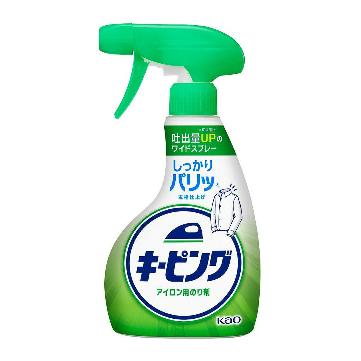 商品名：キーピング アイロン用 のり剤 本体 ワイドスプレー 350mL 花王内容量：350mLJANコード：4901301468314発売元、製造元、輸入元又は販売元：花王原産国：日本商品番号：101-*011-4901301468314商品説明衣類をパリッと仕上げて、仕上がりが長持ちします。エリ・そでなど、部分仕上げにも。エリ・そでの汚れもつきにくくなります。少ないスプレー回数でアイロンがけをラクに　※従来品比　吐出量UPのワイドスプレー　※従来品比使用方法・アイロンの温度を確認。・衣料の取扱い表示を必ず確認。・使えないもの・絹・レーヨン・水洗いまたは家庭洗たくできないもの　・取扱い表示　のついたもの衣料から約20cm離してスプレーする。全体がかるく湿るくらいにスプレーし、すぐに「ドライ」でアイロンがけをする。広告文責：アットライフ株式会社TEL 050-3196-1510 ※商品パッケージは変更の場合あり。メーカー欠品または完売の際、キャンセルをお願いすることがあります。ご了承ください。
