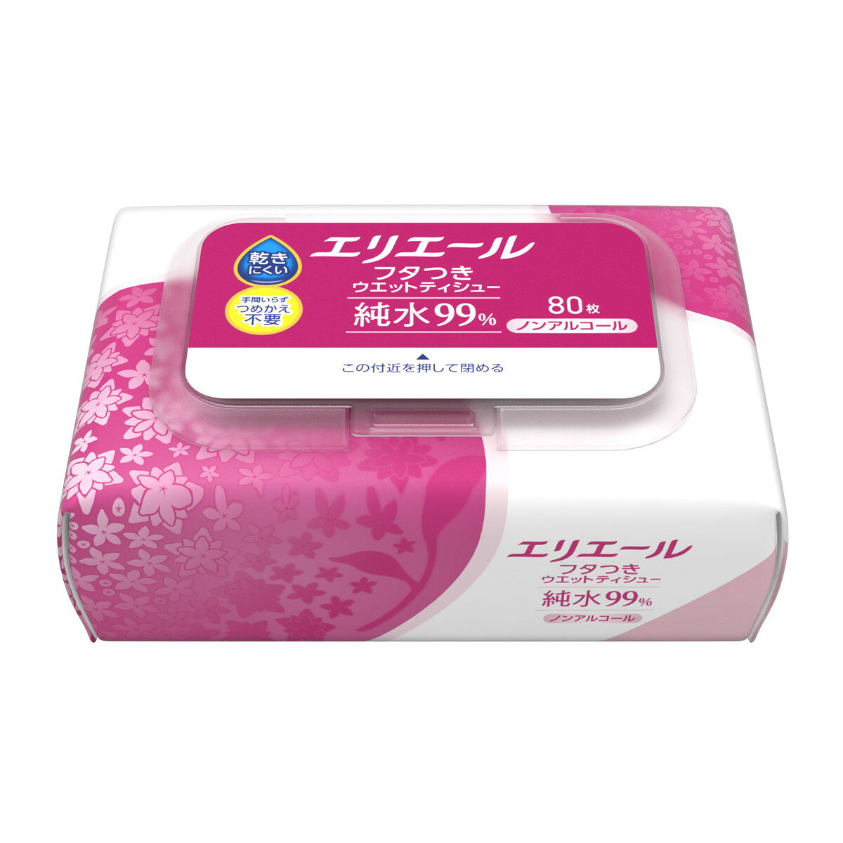 商品名：エリエール フタつき ウエットティシュー 純水99% ノンアルコール 80枚 大王製紙内容量：80枚JANコード：4902011123104発売元、製造元、輸入元又は販売元：大王製紙原産国：中華人民共和国商品番号：101-*007-4902011123104商品説明フタつきで、乾きにくい。つめかえ不要で、手間要らず。手指や口まわりふきに。保湿成分配合。水分量たっぷり、15cm×20cmの大判サイズシート。肌にやさしい弱酸性。ノンアルコール・無香料・パラベンフリー。　※すべての方にアレルギーが起きないわけではありません。使用方法ウェットティシューとしてご使用下さい広告文責：アットライフ株式会社TEL 050-3196-1510 ※商品パッケージは変更の場合あり。メーカー欠品または完売の際、キャンセルをお願いすることがあります。ご了承ください。