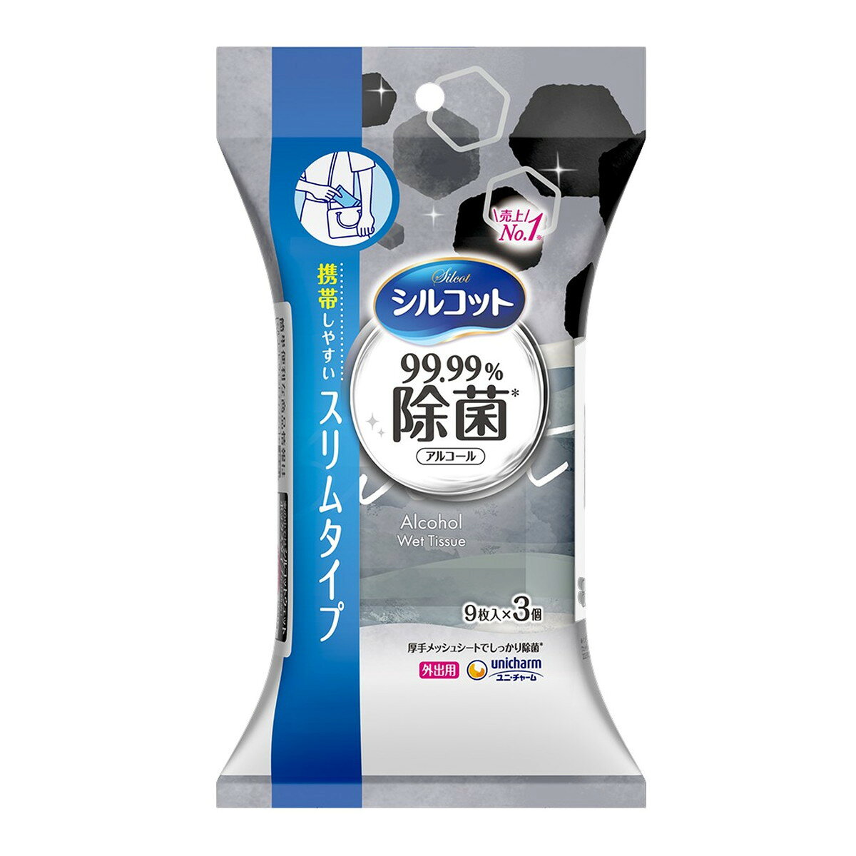商品名：シルコット 99.99%除菌 外出用 アルコール ウェットティッシュ 9枚入×3個 ユニ・チャーム内容量：9枚入×3個JANコード：4903111043798発売元、製造元、輸入元又は販売元：ユニ・チャーム原産国：日本商品番号：101-*015-4903111043798商品説明●お出かけ先に持ち運びやすい少入枚数のシルコットウェットティッシュ外出用（99．99％除菌）です。●ピタッとシール採用でシールを剥がし、開封した時に、手で押さえなくても戻ってこない。●シルコットはシールがしっかり止まるので取り出し簡単！ポイント※全ての菌を除菌するわけではありません使用方法●顔、目および傷口・粘膜には使用しないでください。●アルコール過敏症の方や、乳幼児には使用しないでください。●お肌に異常があるときや、お肌に合わない場合は、ご使用を中止してください。●殺菌・消毒剤・外皮消毒剤ではありません。●変色・変質する場合があるため、白木、壁紙、ニスやペンキの塗装面、スチロール製品や革製品などには使用しないでください。●ご使用になる製品にお手入れ方法の指定がある場合はそれに従ってください。●このシートはトイレには流さないでください。※全ての菌を除菌するわけではありません。広告文責：アットライフ株式会社TEL 050-3196-1510 ※商品パッケージは変更の場合あり。メーカー欠品または完売の際、キャンセルをお願いすることがあります。ご了承ください。