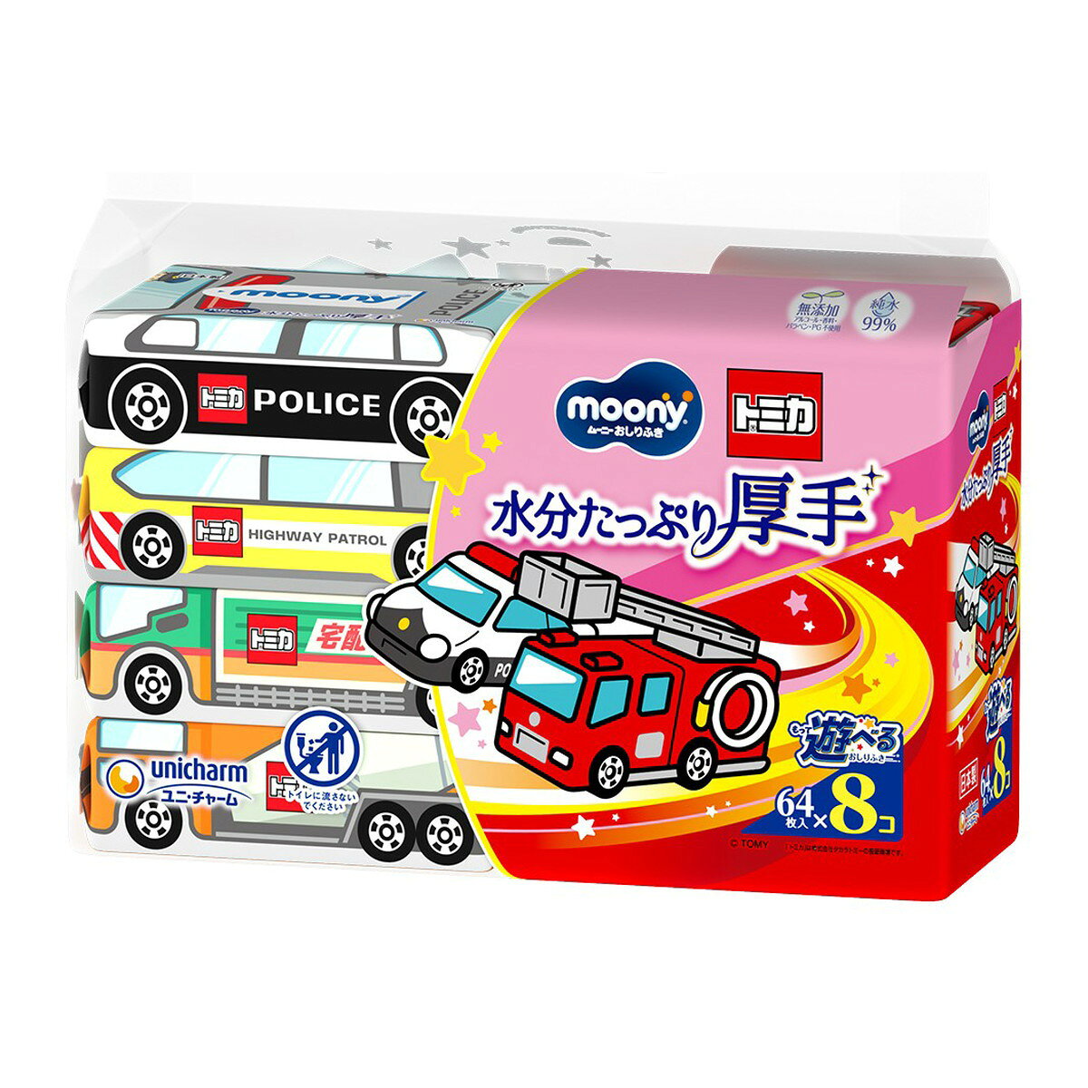 商品名：ムーニー おしりふき 水分たっぷり 厚手 詰替 64枚×8個 トミカデザイン ユニ・チャーム内容量：64枚×8個JANコード：4903111875122発売元、製造元、輸入元又は販売元：ユニ・チャーム原産国：日本区分：化粧品商品番号：101-*003-4903111875122商品説明●トミカデザインのもって遊べるおしりふき。●うるふわり4層で、やさしくふける。●新・水分たっぷり層が水分を沢山含むので、こすらずするりんっ！とふいてあげられます。さらに、シートが伸びにくく、薄くならず、しっかりふける！広告文責：アットライフ株式会社TEL 050-3196-1510 ※商品パッケージは変更の場合あり。メーカー欠品または完売の際、キャンセルをお願いすることがあります。ご了承ください。
