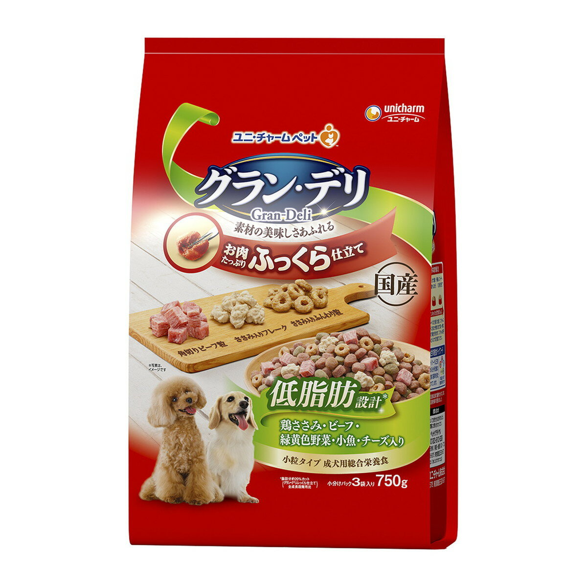【送料お得・まとめ買い×7個セット】ユニ・チャーム グラン・デリ ふっくら仕立て 低脂肪 鶏ささみ・ビーフ・緑黄色野菜・小魚・角切りビーフ粒入り 750g