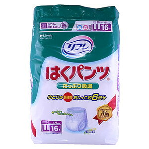 リフレ はくパンツ たっぷり吸収 LLサイズ 6回吸収 16枚入ブランド：リフレ販売・製造元：livedo(リブドゥ)長時間でも安心の大吸収量の介護用パンツ(おむつ)です。約750ccをたっぷり吸収するので、1枚で朝までぐっすりお休みいただけます。高くなった立体ギャザーが横モレをガード。全面通気性シート採用により、ムレを防ぎ、消臭ポリマー配合によりニオイも気になりません。男女兼用。ウエストサイズ90cm-125cm。医療費控除対象品。 介護／おむつ・失禁対策・トイレ用品／介護用おむつ／介護用おむつパンツタイプ LLサイズ以上JANコード： 4904585029912CS：4広告文責：アットライフ株式会社TEL 050-3196-1510※商品パッケージは変更の場合あり。メーカー欠品または完売の際、キャンセルをお願いすることがあります。ご了承ください。