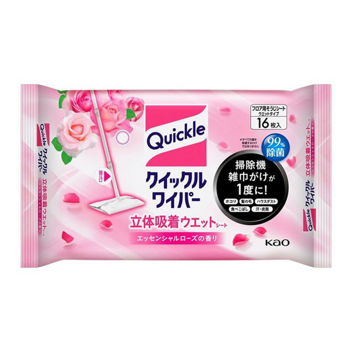 【送料お得・まとめ買い×20個セット】花王 クイックルワイパー 立体吸着ウエット エッセンシャルローズの香り 16枚入