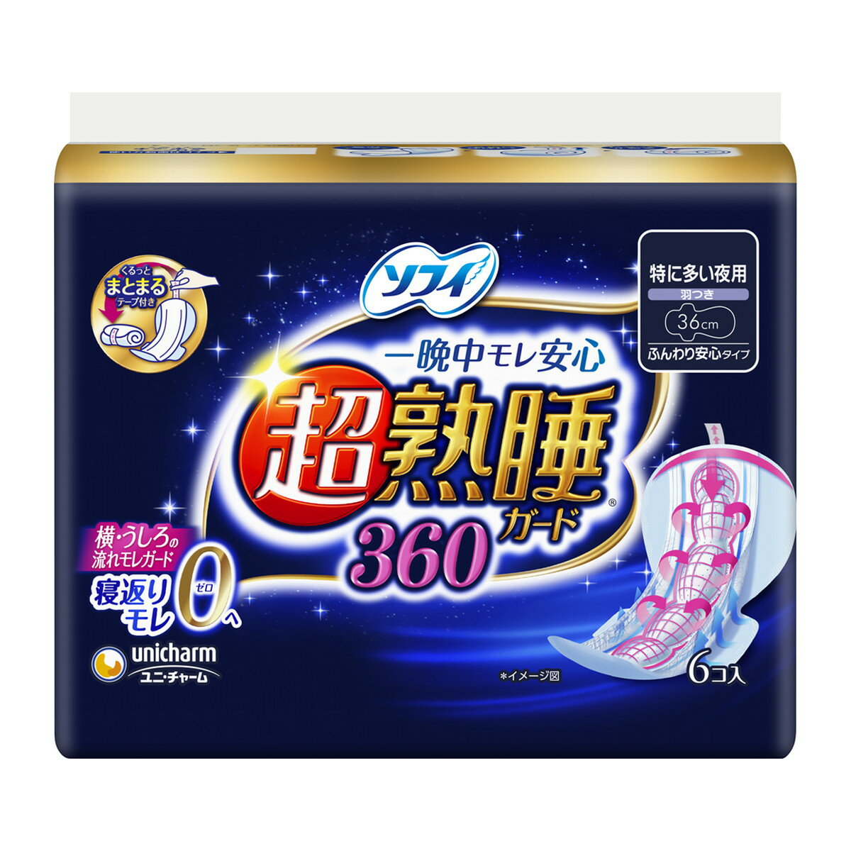 【あわせ買い2999円以上で送料お得】ユニ チャーム ソフィ 超熟睡ガ ド360 特に多い夜 羽つき 6枚 余裕の長さ36cmの夜用ナプキン【4903111382125】