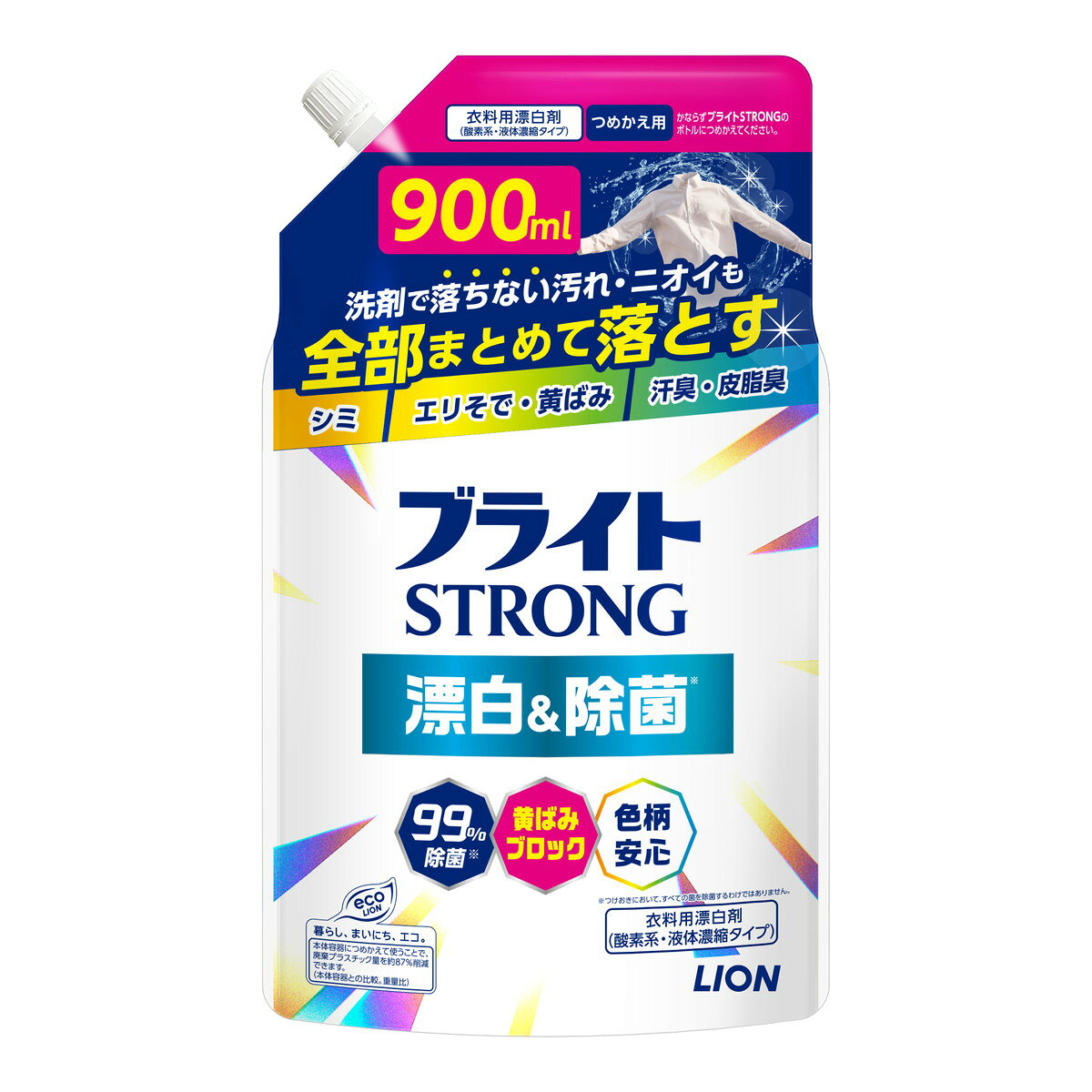 商品名：ライオン LION ブライト STRONG 漂白&除菌ジェル つめかえ用 900ml 酸素系液体漂白剤 洗濯用内容量：900mlJANコード：4903301361909発売元、製造元、輸入元又は販売元：ライオン原産国：日本商品番号：101-4903301361909商品説明洗剤で落ちない汚れやシミなどの漂白はもちろん、嫌なニオイもしっかり消臭＆除菌。さらに黄ばみの発生も防ぐ酸素系液体漂白剤。●洗剤で落ちないシミ・エリソデ・黄ばみ・汗臭・皮脂臭も全部まとめて落とします。●汚れバリア成分配合で汚れの沈着を防ぎ、次につく汚れも落ちやすくするので、衣類の白さが長続きします。●色柄物に安心な酸素系漂白剤。除菌・消臭にも対応。ツンとしない、すっきりしたミンティグリーンの香り。広告文責：アットライフ株式会社TEL 050-3196-1510 ※商品パッケージは変更の場合あり。メーカー欠品または完売の際、キャンセルをお願いすることがあります。ご了承ください。