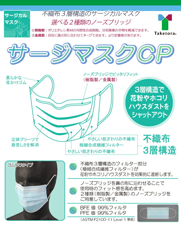 【あわせ買い2999円以上で送料お得】竹虎 サージマスクCP ブルー 50枚入