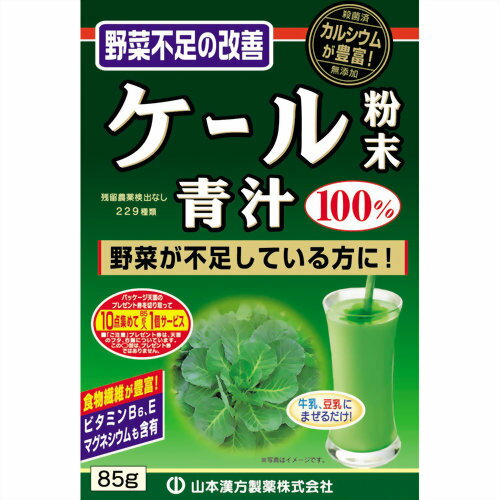 ※パッケージデザイン等は予告なく変更されることがあります。商品説明「ケール粉末 85g」は、ケールをそのまま乾燥、微粉末加工した100%純粉末を使用。匂いや味にくせが少なく、ほど良い味わいの青汁です。食物繊維、ビタミン、ミネラルなどが豊富に含まれています。食生活が不規則な方、生活習慣が気になる方、毎日の健康維持、青野菜の補給にお役立てください。牛乳に混ぜると、さらに美味しくお召し上がりいただけます。賞味期限等の表記についてパッケージに記載。お召し上がり方本品は、通常の食生活において、1日に1-2回を目安にお召し上がり下さい。まず、牛乳又は水約100ccの中へ、1回に添付のさじ山盛り2杯(約2.5-3.0g)を入れ、スプーン又はマドラーにて、すばやくよくかきまぜてお召し上がりください。氷を入れていただいてもかまいません。また、シェーカーにてシェイクしますと、より一層おいしい風味になります。シェーカーのない方は、小型のカラのペットボトルにキャップをしめて利用してください。・お好みにより牛乳又は水の量を加減してください。・生ものですので、つくりおきしないでください。使用上の注意・本品は自然食品でありますが、体調不良時など、お体に合わない場合にはご使用を中止して下さい。・小児の手の届かない所へ保管して下さい。・粉末を直接口に入れますとのどに詰まることがありますので、おやめ下さい。・冷蔵庫に保管しますと風味が損なわれますので、できるだけ避けて下さい。・安全な脱酸素材(原料は塩・鉄分)が内袋に入っておりますが、原材料が少なくなりましたら取り除いて下さい。・本品は天然物を使用しておりますので、開封後はお早めにご使用下さい。尚、開封後は特有の香りに誘われて、内袋に虫類の進入する恐れもありますので、袋のファスナーをキッチリと端から押さえて閉めて下さい。涼しい所に保管して下さい。特に夏季は要注意です。原材料名・栄養成分等原材料名：ケール粉末栄養成分表：エネルギー：265kcal、たんぱく質：20.6g、脂質：3.9g、糖質：18.7g、ナトリウム：88.3mg、食物繊維：36.3gお問い合わせ先山本漢方製薬株式会社TEL：0568-73-3131(土日祝日を除く、月-金 9：00-17：00まで)ブランド：ケール100%青汁発売元：山本漢方製薬 内容量：85g サイズ：120*174*45(mm)JANコード：　4979654032629[ケール100%青汁]健康食品[ケール青汁]発売元、製造元、輸入元又は販売元：山本漢方製薬区分：健康食品広告文責：アットライフ株式会社TEL 050-3196-1510※商品パッケージは変更の場合あり。メーカー欠品または完売の際、キャンセルをお願いすることがあります。ご了承ください。