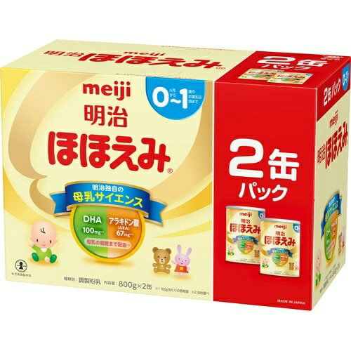 商品名：明治 ほほえみ 800g×2缶パック内容量：800g×2缶パックJANコード：4902705122833発売元、製造元、輸入元又は販売元：明治商品番号：103-4902705122833商品説明：●アラキドン酸、DHAが母乳の範囲まで配合するなど「ほほえみ」の栄養がさらに母乳に近づきました。・推奨使用期間を0 1歳のお誕生日までとしました。【品名・名称】：調整粉乳【原材料】：乳糖、調整食用油脂(豚脂分別油、大豆白絞油、パーム核油、精製魚油、アラキドン酸含有油脂)、乳清たんぱく質、カゼイン、フラクトオリゴ糖、バターミルク、デキストリン、脱脂粉乳、食塩、乳リン脂質抽出物、酵母／リン酸Ca、炭酸Ca、炭酸K、塩化Mg、V。C、イノシトール、塩化K、コレステロール、タウリン、ピロリン酸鉄、塩化Ca、硫酸亜鉛、シチジル酸Na、V。E、パントテン酸Ca、ウリジル酸Na、Lーカルニチン、ナイアシン、イノシン酸Na、グアニル酸Na、5'ーAMP、硫酸銅、V。B1、V。A、V。B2、V。B6、葉酸、カロテン、ビオチン、V。K、V。D、V。B12【栄養成分】：(100mL当たり)エネルギー・・・506kcaLたんぱく質・・・11。1g脂質・・・26。1gコレステロール・・・74mg炭水化物・・・57。7g食塩相当量・・・0。36gナイアシン・・・3mgパントテン酸・・・4。3mgビオチン・・・12μgビタミンA・・・390μgビタミンB1・・・0。4mgビタミンB2・・・0。6mgビタミンB6・・・0。3mgビタミンB12・・・2。0μgビタミンC・・・70mgビタミンD・・・6。5μgビタミンE・・・6。2mgビタミンK・・・25μg葉酸・・・100μg亜鉛・・・3。0mgカリウム・・・490mgカルシウム・・・380mgセレン・・・10。4μg鉄・・・6。0mg銅・・・0。32mgマグネシウム・・・40mgリン・・・210mg(その他の成分100gあたり)ラクトアドヘリン・・・20ー50mgαーラクトアルブミン・・・1。0gβーラクトグロブリン・・・0。5ー1。0gアラキドン酸・・・67mgDHA(ドコサヘキサエン酸)・・・100mgリノール酸・・・3。6gαーリノレン酸・・・0。43gリン脂質・・・250mgフラクトオリゴ糖・・・2。0gイノシトール・・・90mgβーカロテン・・・70μg塩素・・・310mgカルニチン・・・10mgタウリン・・・28mgヌクレオチド・・・14mg灰分・・・2。3g水分・・・2。8％【アレルギー物質】：乳成分【保存方法】：乾燥した涼しい場所に保管してください。【注意事項】：・赤ちゃんの体質や健康状態に応じて、医師、薬剤師、助産師、保健師、看護師、管理栄養士、栄養士にご相談ください。・開缶後は湿気や虫、髪の毛などが入らないようしっかりフタをしてください。・スプーンは取り出して別の容器に入れ、衛生的に保管してください。・はかり終わったらすぐにフタを閉めてください。・開缶後の持ち運びの際は両手で缶本体部分をお持ちください。・湿気の多いところや火のそば、直射日光のあたるところ、夏場の車の中などには置かないでください。また、冷蔵庫や冷凍庫には入れないでください。・開缶後はなるべく早く(1ヵ月以内)ご使用ください。広告文責：アットライフ株式会社TEL 050-3196-1510 ※商品パッケージは変更の場合あり。メーカー欠品または完売の際、キャンセルをお願いすることがあります。ご了承ください。