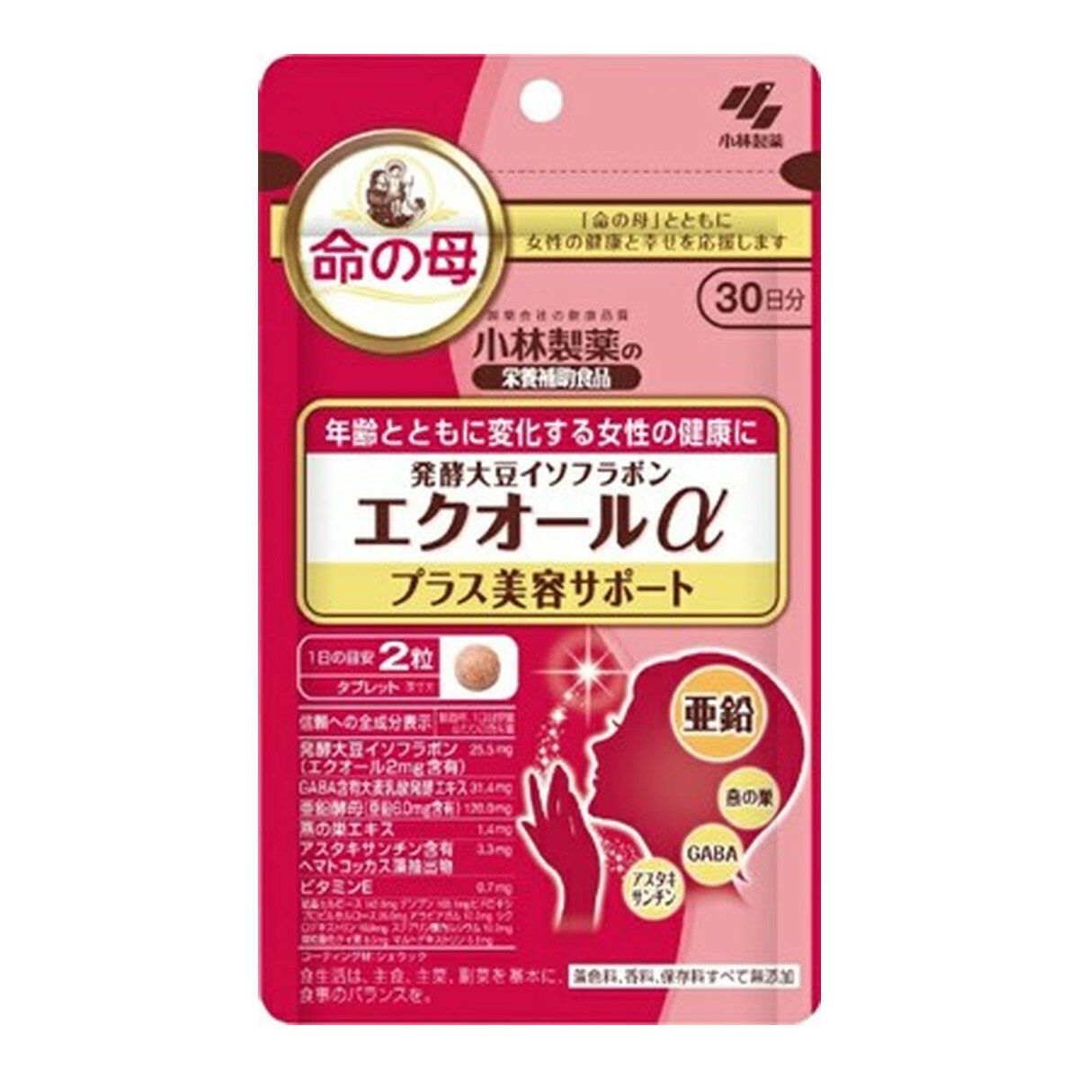 商品名：小林製薬 命の母 エクオールα プラス美容サポート 60粒入内容量：60粒JANコード：4987072060902発売元、製造元、輸入元又は販売元：小林製薬原産国：日本区分：その他健康食品商品番号：103-4987072060902商品説明「大豆イソフラボン」はお腹で腸内細菌により「エクオール」になることで力を発揮します。エクオールを体内で作れるのは日本人の約50％とされているため「エクオール」を直接摂ることをお勧めします。原材料・成分亜鉛酵母（国内製造）、デンプン、GABA含有大麦乳酸発酵エキス、大豆胚芽抽出発酵物、マルトデキストリン、燕の巣エキス／結晶セルロース、ヒドロキシプロピルセルロース、アラビアガム、シクロデキストリン、ステアリン酸カルシウム、微粒酸化ケイ素、カロテノイド、シェラック、ビタミンE広告文責：アットライフ株式会社TEL 050-3196-1510 ※商品パッケージは変更の場合あり。メーカー欠品または完売の際、キャンセルをお願いすることがあります。ご了承ください。