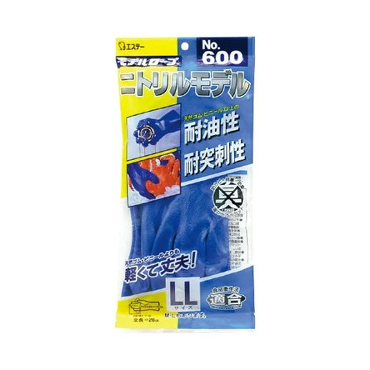 商品名：エステー ニトリルモデル No.600 LL ブルー 作業用手袋内容量：1双JANコード：4901070751723発売元、製造元、輸入元又は販売元：エステー商品番号：103-4901070751723商品説明●金属加工に最適です。●耐熱性・耐突き刺し強度に優れ、耐油性のある裏メリヤスタイプです。●軽くて手に良くなじみます。●金属加工品の扱い、印刷業の版拭き、清掃・荷役作業。●全長(cm)：26.0●手のひら周り(cm)：25.0●中指長さ(cm)：8.1●厚さ(mm)：0.9●裏布付●食品衛生法適合品●表:ニトリルゴム（NBR）●裏:綿100%広告文責：アットライフ株式会社TEL 050-3196-1510 ※商品パッケージは変更の場合あり。メーカー欠品または完売の際、キャンセルをお願いすることがあります。ご了承ください。