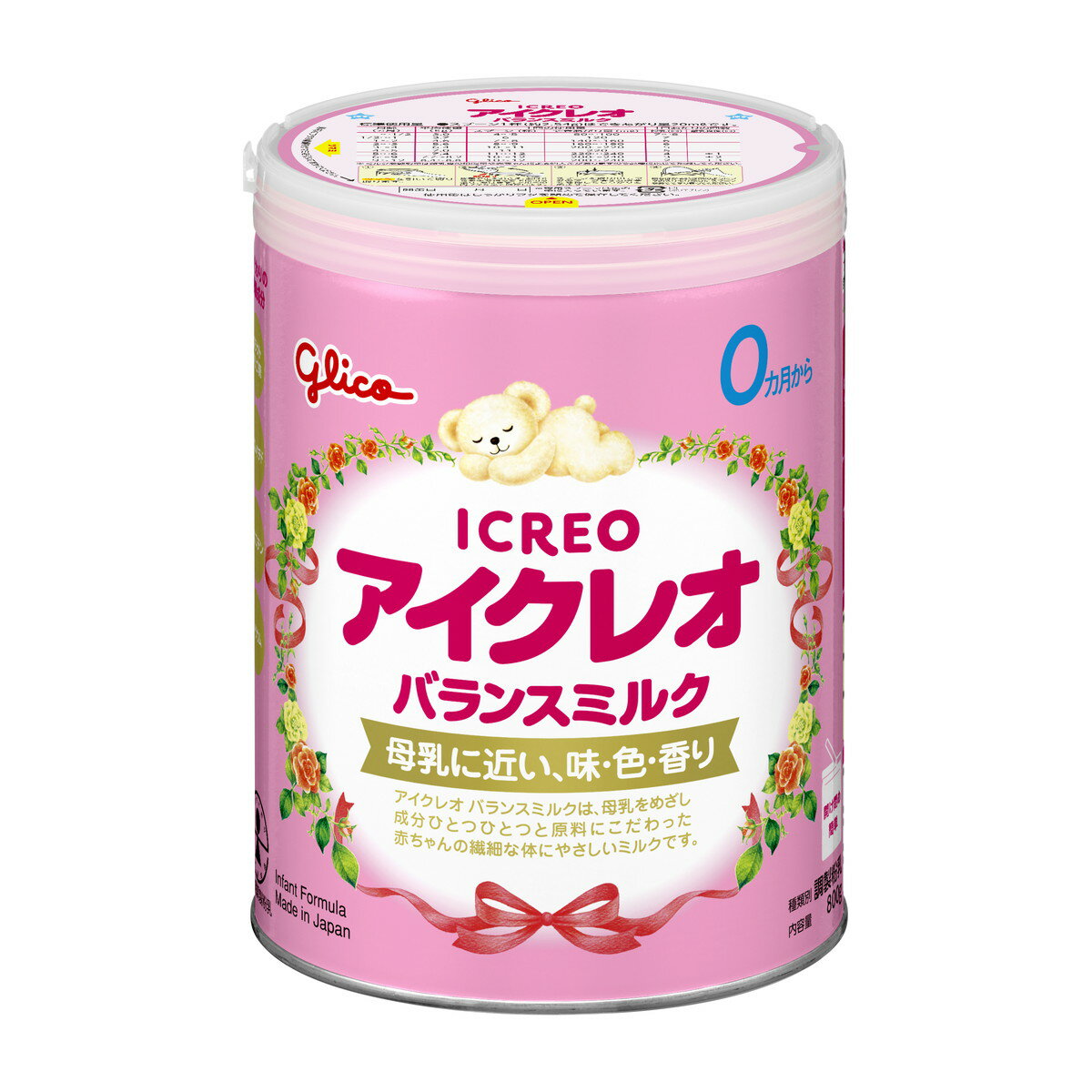 商品名：江崎グリコ アイクレオ バランスミルク 800g 大缶 育児用粉ミルク内容量：800gJANコード：4987386070239発売元、製造元、輸入元又は販売元：江崎グリコ原産国：日本商品番号：103-*003-4987386070239商品説明小さな体と心を想い、赤ちゃんに理想的な栄養である母乳に近づけたミルク。愛をこめた品質を、赤ちゃんとお母さんお父さんへ。大缶は片手でも開け閉め簡単なキャップを採用しています。■保存方法乾燥した涼しい場所に保存してください。■原材料に含まれるアレルギー物質(28品目中)乳成分・大豆■原材料名調整食用油脂(分別ラード、オレオ油、大豆油、ヤシ油、パームオレイン)(国内製造)、ホエイパウダー、乳糖、脱脂粉乳、たんぱく質濃縮ホエイパウダー、ガラクトオリゴ糖、エゴマ油／レシチン、塩化カルシウム、水酸化カルシウム、ビタミンC、タウリン、イノシトール、硫酸第一鉄、硫酸亜鉛、5'-シチジル酸、ビタミンE、5'-ウリジル酸ナトリウム、ニコチン酸アミド、パントテン酸カルシウム、5'-アデニル酸、5'-イノシン酸ナトリウム、5'-グアニル酸ナトリウム、硫酸銅、ビタミンB1、ビタミンA、ビタミンB2、ビタミンB6、β-カロテン、葉酸、ビオチン、ビタミンD3、ビタミンB12、(一部に乳成分・大豆を含む)■栄養成分(100g)当たりエネルギー：523kcalたんぱく質：12.0g、脂質：28.0g、炭水化物：55.8g、食塩相当量：0.30g、ビタミンA：430μg、ビタミンB1：0.6mg、ビタミンB2：0.9mg、ビタミンB6：0.3mg、ビタミンB12：1.5μg、ビタミンC：60mg、ビタミンD：8.3μg、ビタミンE：6.0mg、ビタミンK：25μg、葉酸：80μg、ナイアシン：5.0mg、パントテン酸：4.3mg、ビオチン：16μg、亜鉛：2.9mg、カリウム：450mg、カルシウム：350mg、セレン：11μg、鉄：7.1mg、銅：0.37mg、マグネシウム：37mg、ヨウ素：80μg、リン：220mg■参考値製品(100g)当たりリノール酸：3.3g、α-リノレン酸：0.6g、β-カロテン：190μg、塩素：310mg、コリン：50mg、イノシトール：50mg、L-カルニチン：8mg、タウリン：30mg、ヌクレオチド：20mg、リン脂質：220mg、スフィンゴミエリン：40mg、ガラクトオリゴ糖：0.5g、灰分：2.2g、水分：2.0g広告文責：アットライフ株式会社TEL 050-3196-1510 ※商品パッケージは変更の場合あり。メーカー欠品または完売の際、キャンセルをお願いすることがあります。ご了承ください。