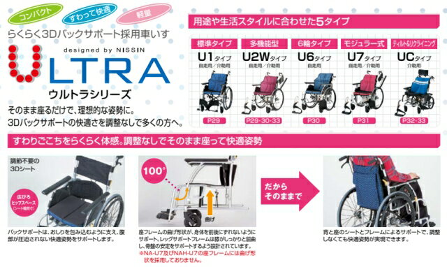 日進医療器 自走用車椅子 多機能タイプ NA-U2W エアタイヤ インディゴ/ワイン 座幅38cm/40cm/42cm【非課税】メーカー直送　こぎやすい標準型らくらく3Dバックサポート採用車いす 3