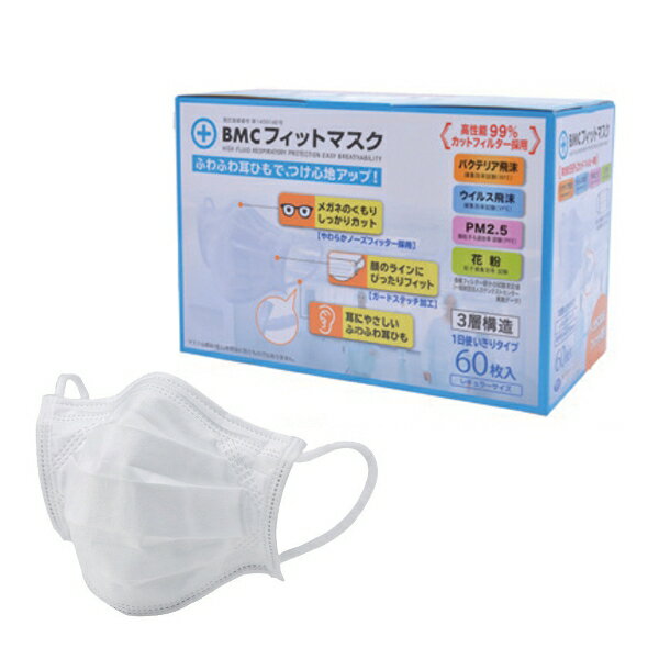 BMCフィットマスク　レギュラー　60枚入(1箱)　メガネが曇りにくい立体構造　耳が痛くなりにくい超ふわ..
