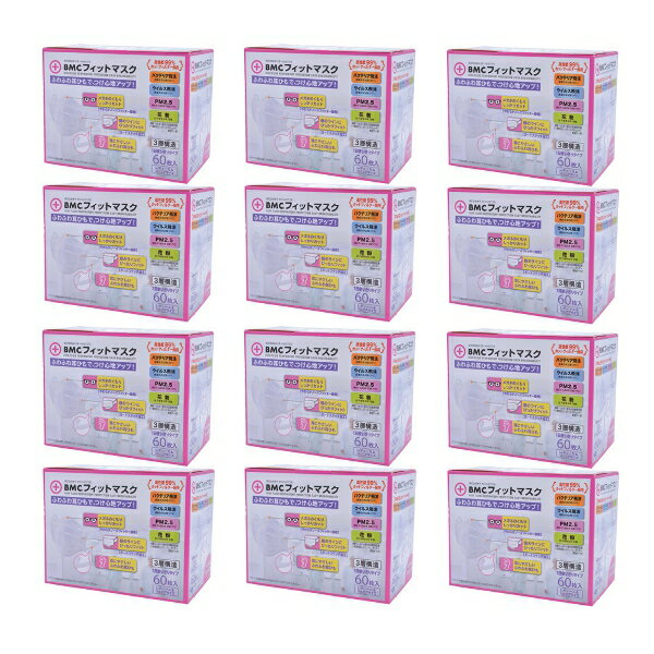 BMCフィットマスク　レディース＆ジュニア　60枚入×12箱セット　計720枚　メガネが曇りにくい立体構造　耳が痛くなりにくい超ふわふわ耳ゴムのサムネイル