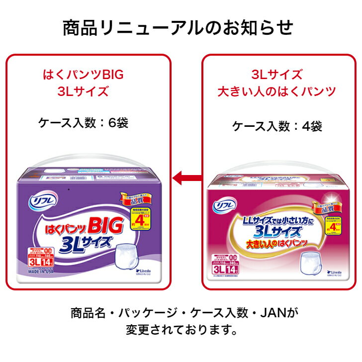 リフレ はくパンツ BIG 3L 14枚×6袋(ケース販売/計84枚) 大きいサイズ 大人用紙おむつ リハパン パンツタイプ/オムツ/リブドゥ/送料無料 2