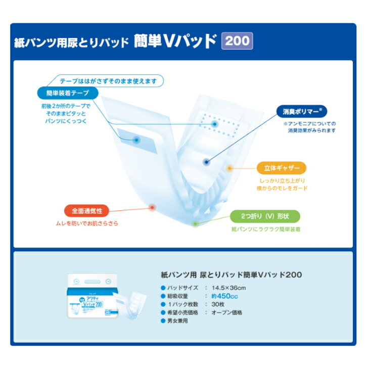 アクティ 紙パンツ用 尿とりパッド 簡単Vパッド200 30枚 (1袋) /日本製紙クレシア 2
