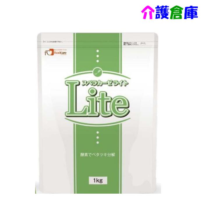 スベラカーゼLite 1kg 1袋 フードケア 酵素でベタツキ分解/酵素入り/主食・主菜・副菜・汁物・デザート・飲料にも使える/ メーカー：フードケアゼリー食の素(酵素入り）。主食・主菜・副菜・汁物・デザート・飲料にも使えます。商品情報内容量：1kgメーカー：株式会社フードケア賞味期限：製造より1年保管方法：常温保存原材料：デキストリン（国内製造）／ゲル化剤（増粘多糖類）、酵素注意事項※本製品を粉のまま口に入れて食べないでください。※本製品を使用した食品のかたさには十分注意し、のどに詰まるおそれがないよう適切なかたさに調理してください。※召し上がる方の健康状態に応じて、専門の医師、管理栄養士、言語聴覚士等にご相談の上ご使用ください。※熱い食品や飲料ではやけどをするおそれがありますので、温度を確認してからお召し上がりください。※食事介助を必要とする方が召し上がる際は、介助者は確実に飲み込むまで様子を見守ってください。※本製品の使用により、飲食物が誤って気管に入ること（誤嚥）を防げるものではありません。※本製品の食物繊維の作用により、お腹がはったりゆるくなったりすることがあります。※お茶などの透明な飲料に使用した場合、ゼリーが白濁しますが異常ではありません。※原料由来の色により、製品粉末が褐色を帯びていたり、黒い粒が見られることがありますが、品質には問題ありません。※本製品はでんぷん分解酵素を使用していますので、他のでんぷん食品に混入したり飛散することがないようにご注意ください。※介護や介助の必要な方や、お子様の手の届かないところに保管してください。※高温多湿と直射日光を避けて常温で保管し、開封後は密閉してお早めにご使用ください。 2