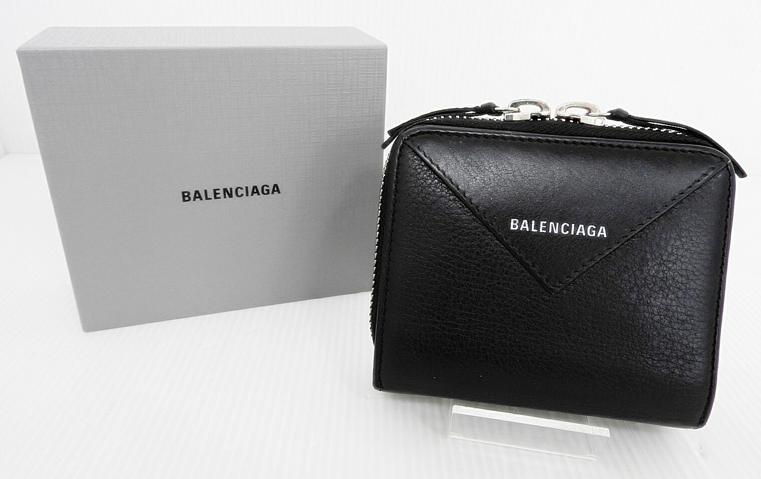 【中古】BALENCIAGA バレンシアガ 371662 PAPER ZA BILLFOLD コンパクトウォレット 二つ折り財布 ラウンドジップ レザー 黒 ブラック【ブランド小物】【米子店】