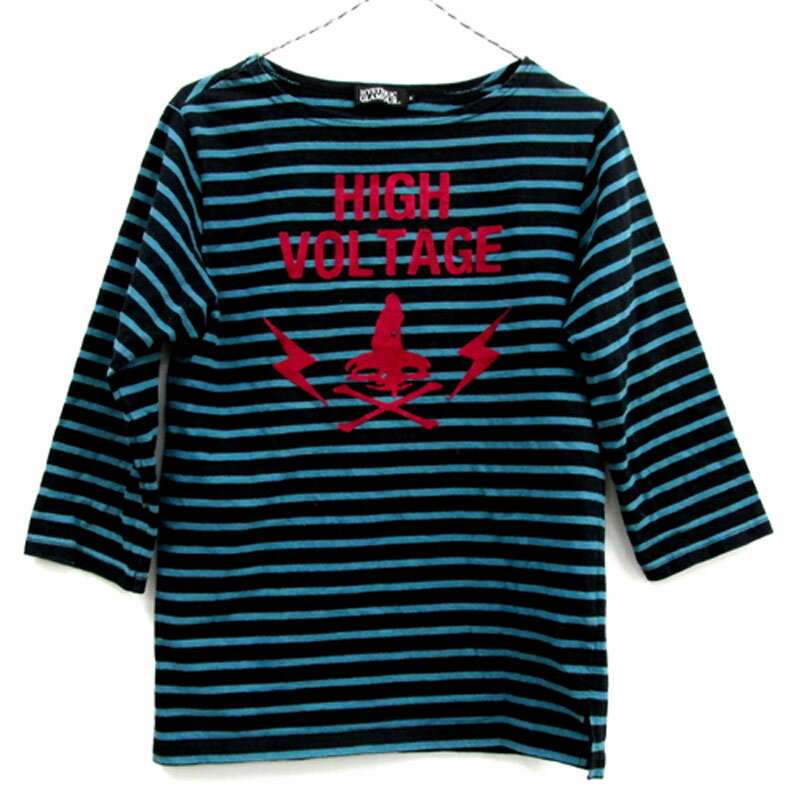 【中古】【メンズ古着】HYSTERIC GLAMOUR ヒステリックグラマー HIGH VOLTAGE 刺繍 ボーダー 長袖 Tシャツ サイズ：S/カラー：ネイビー×ブルー 系/ロンTee/ドメス【山城店】