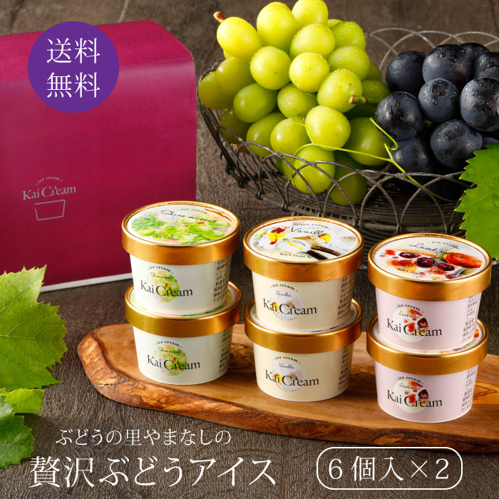 送料無料 アイスクリーム ラムレーズン シャインマスカット バニラ 3種 ギフト KaiCream 山梨県産 ぶどう 贅沢ぶどうアイス 6個×2入り スイーツ 詰め合わせ お中元 御中元 高級 お取り寄せ 贈答品 内祝い ギフト プレゼントのサムネイル