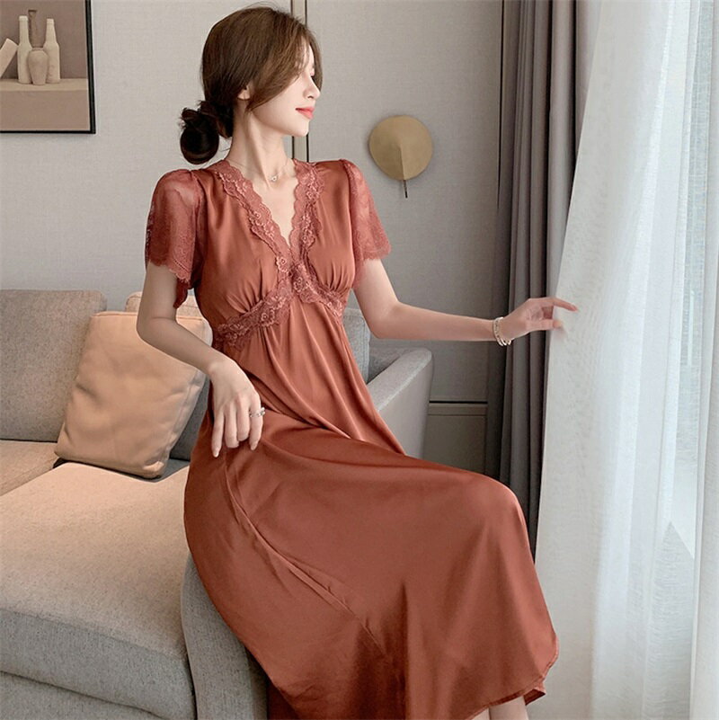 ネグリジェ 夏 半袖ワンピース 可愛いお姫様 ネグリジェ レースVネック ロング丈ネグリジェ レションナ..