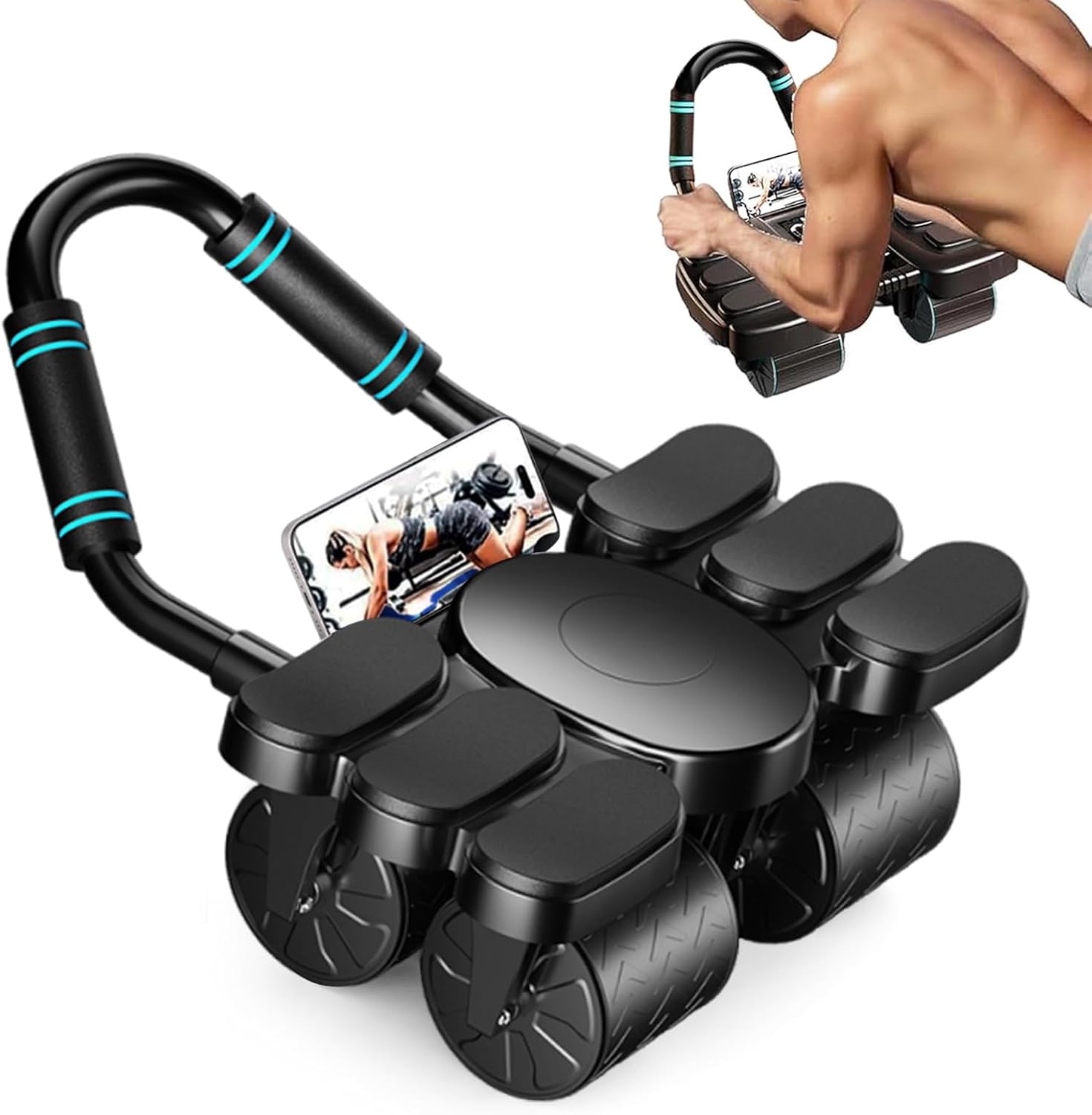 腹筋ローラー アブローラー アブホイール 筋肉ローラー エクササイズローラ 【転倒防止四輪安定システム】 オートリターン機能 スマホ置き台付き 膝マット付属 家庭用 ダイエット 腹筋強化 核心筋力 耐久性 滑らか回転 室内トレーニング器具 男女共用(4)